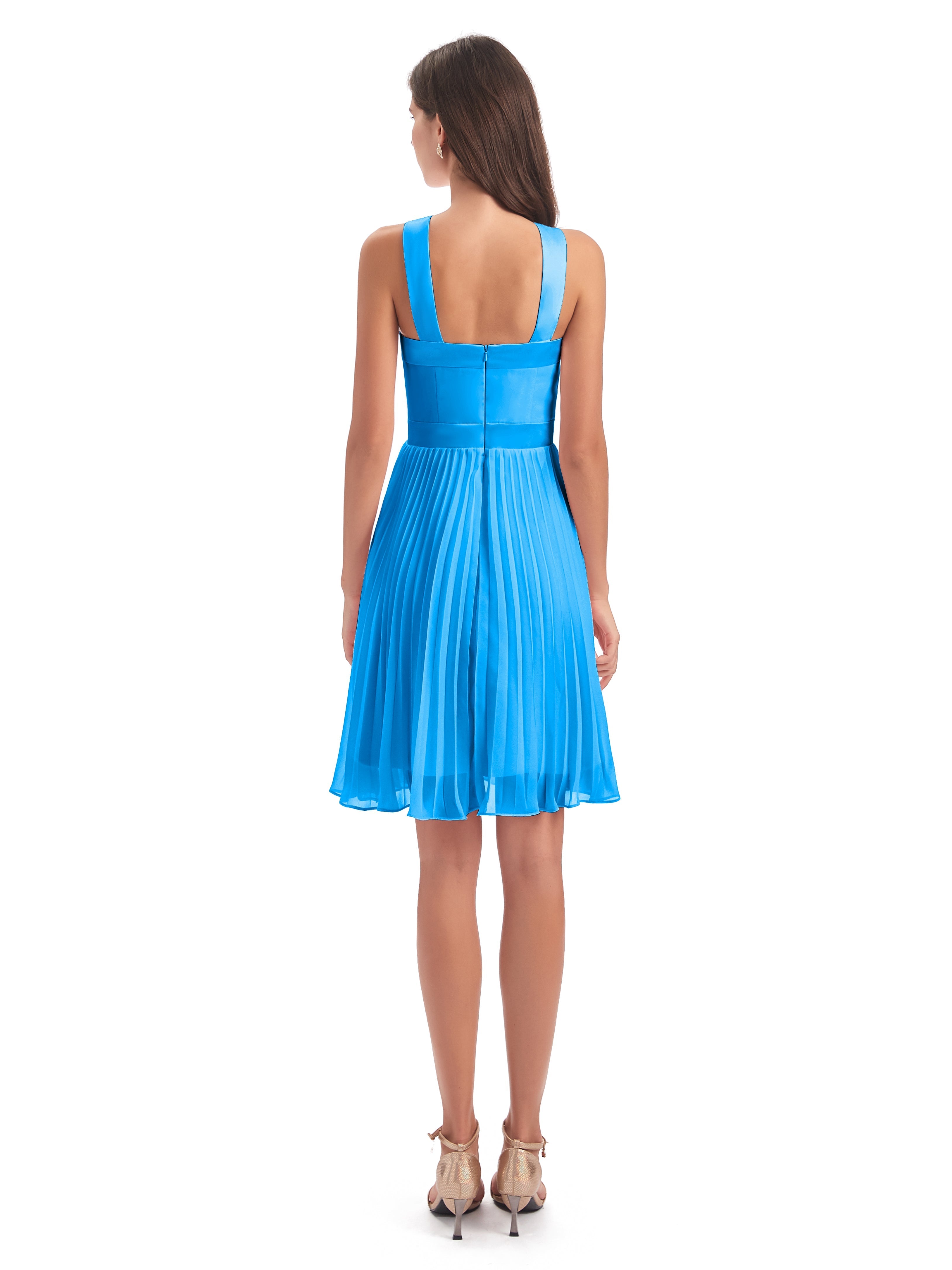 Robes De Demoiselle D'Honneur Bleu Océan Longueur Genou Plis Bretelles Robes Demoiselle D'Honneur