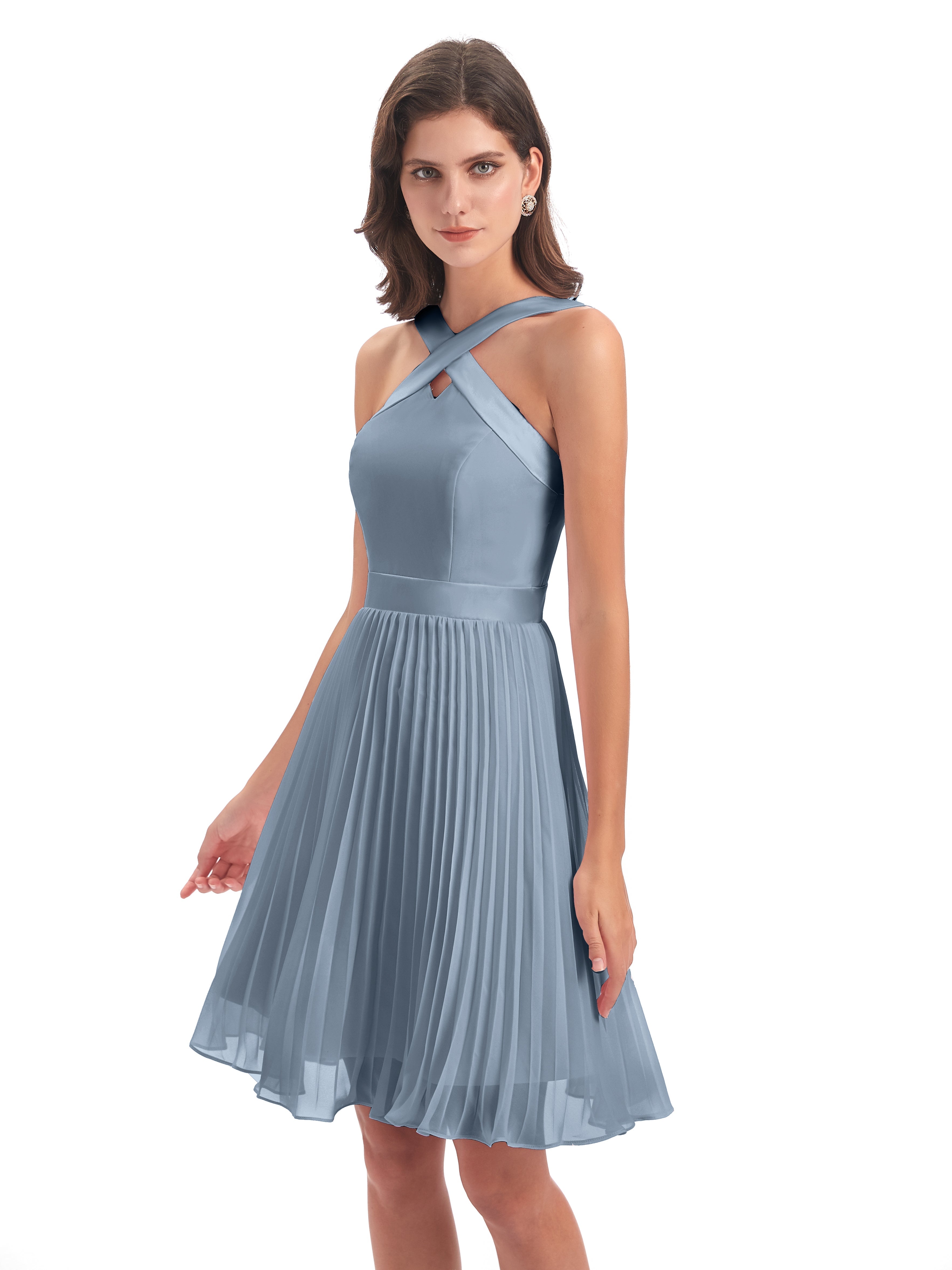 Robes De Demoiselle D'Honneur Bleu Poudre Longueur Genou Plis Bretelles Robes Demoiselle D'Honneur