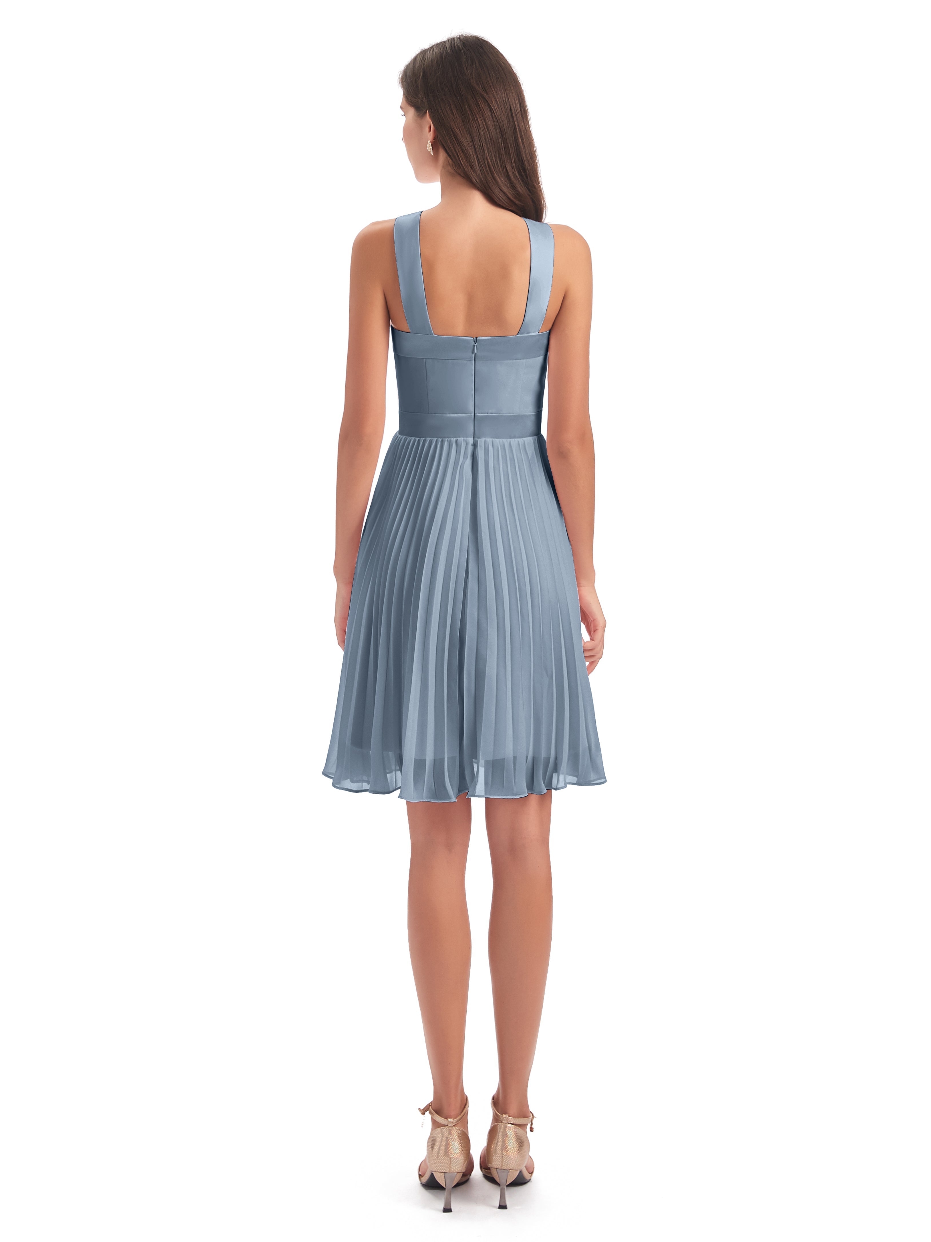 Robes De Demoiselle D'Honneur Bleu Poudre Longueur Genou Plis Bretelles Robes Demoiselle D'Honneur
