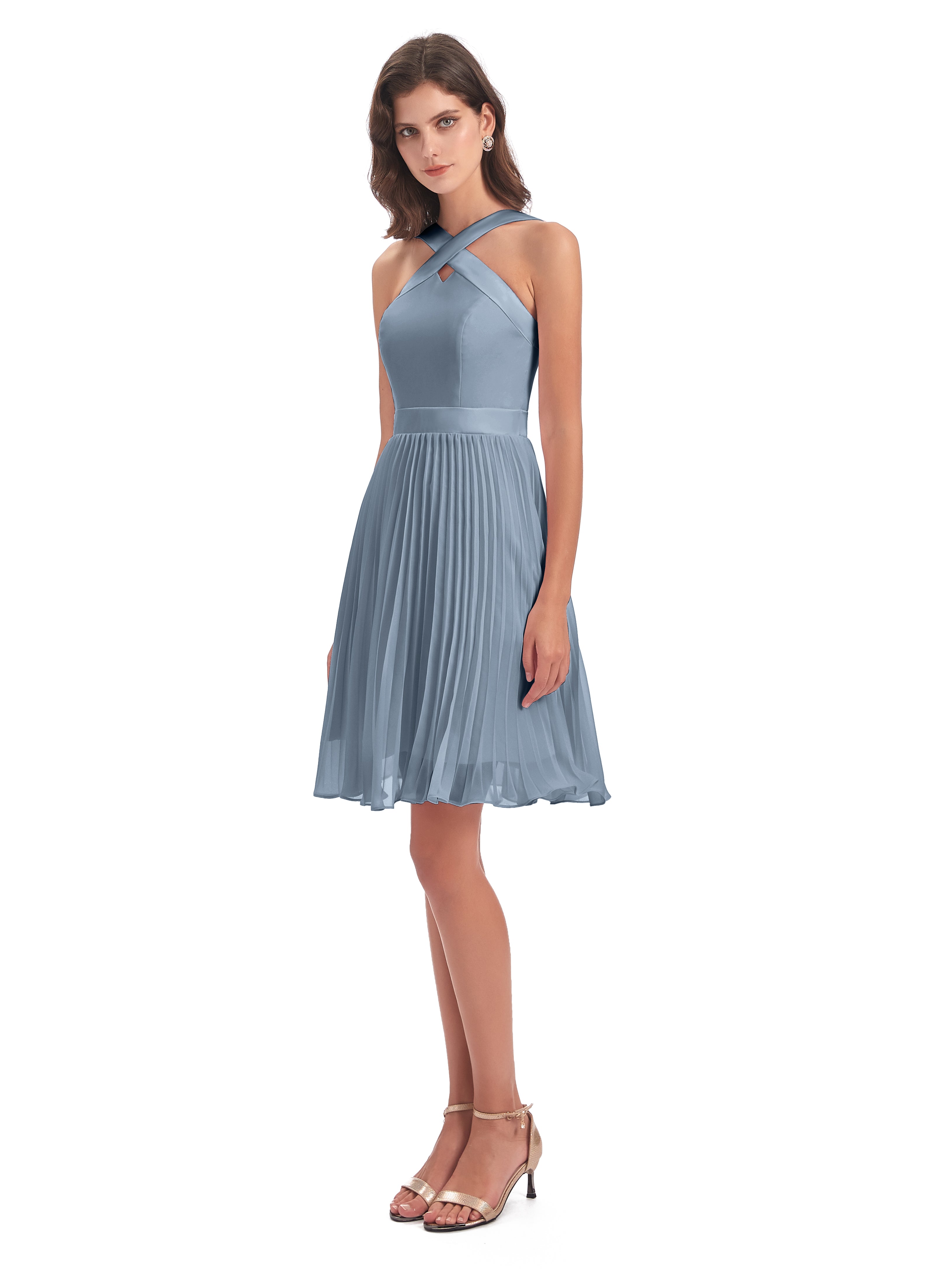Robes De Demoiselle D'Honneur Bleu Poudre Longueur Genou Plis Bretelles Robes Demoiselle D'Honneur