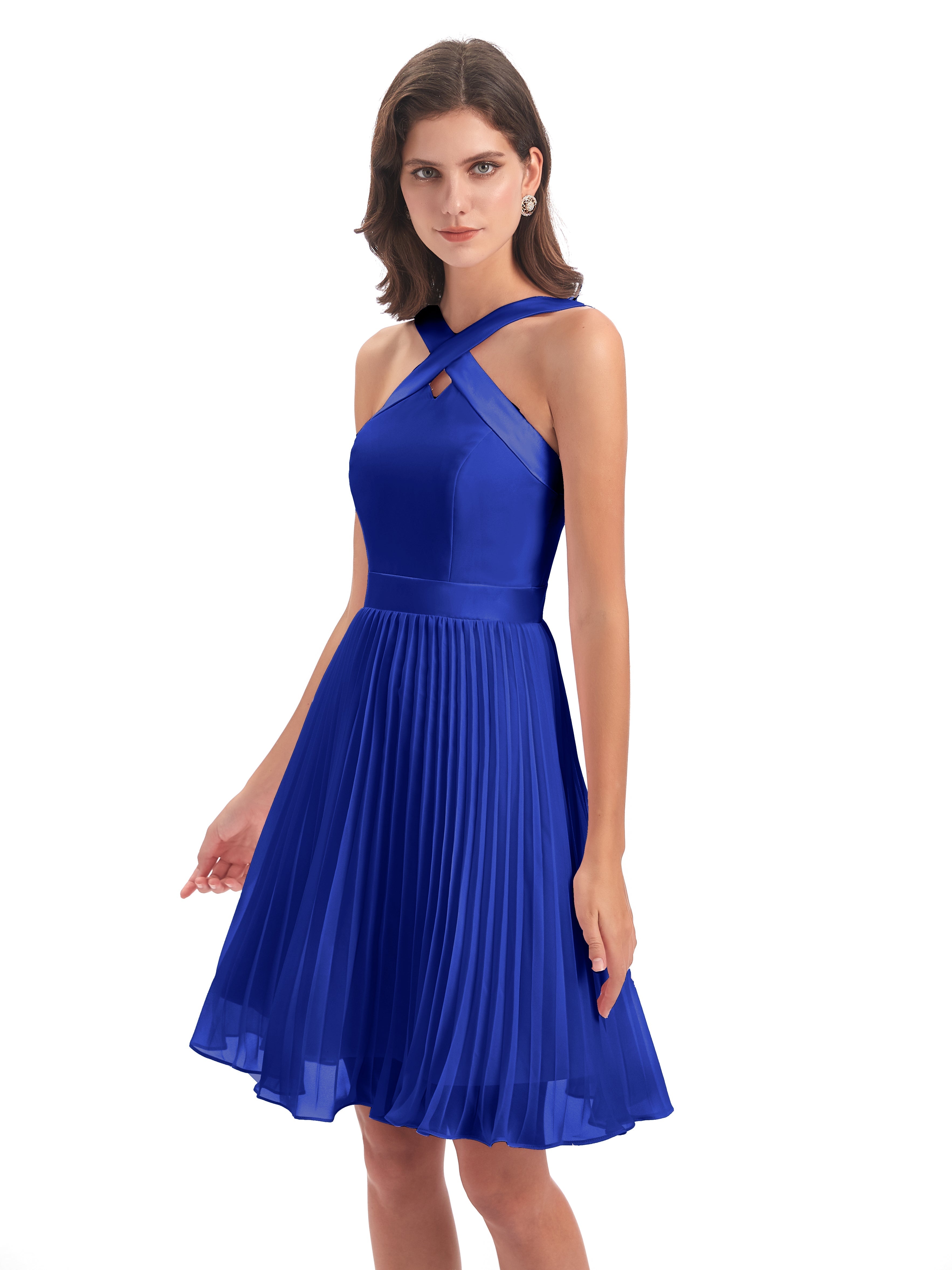 Court Robe Bleu Roi Demoiselle D Honneur Longueur Genou Plis Bretelles Robes Demoiselle D'Honneur