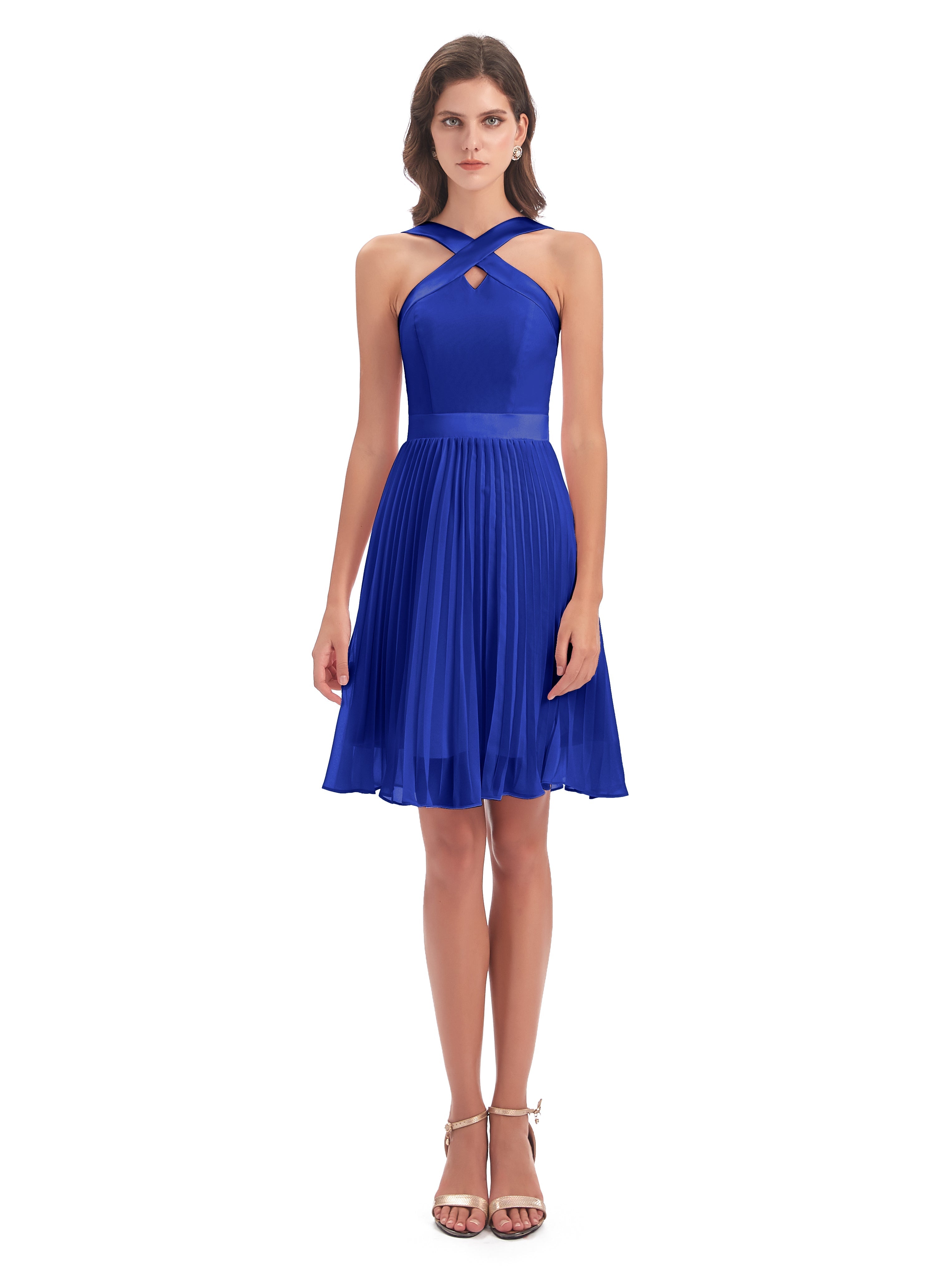 Court Robe Bleu Roi Demoiselle D Honneur Longueur Genou Plis Bretelles Robes Demoiselle D'Honneur