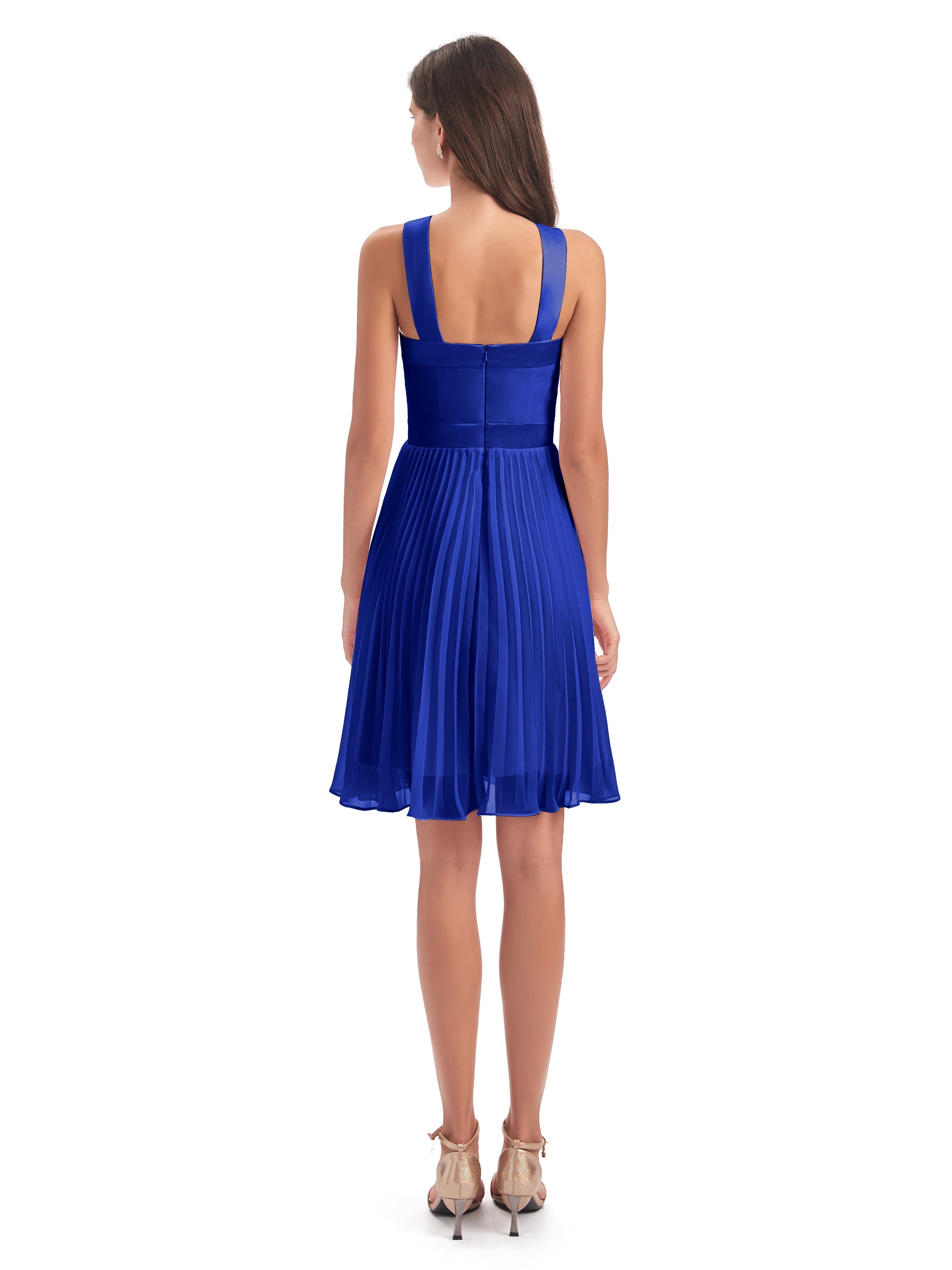 Court Robe Bleu Roi Demoiselle D Honneur Longueur Genou Plis Bretelles Robes Demoiselle D'Honneur