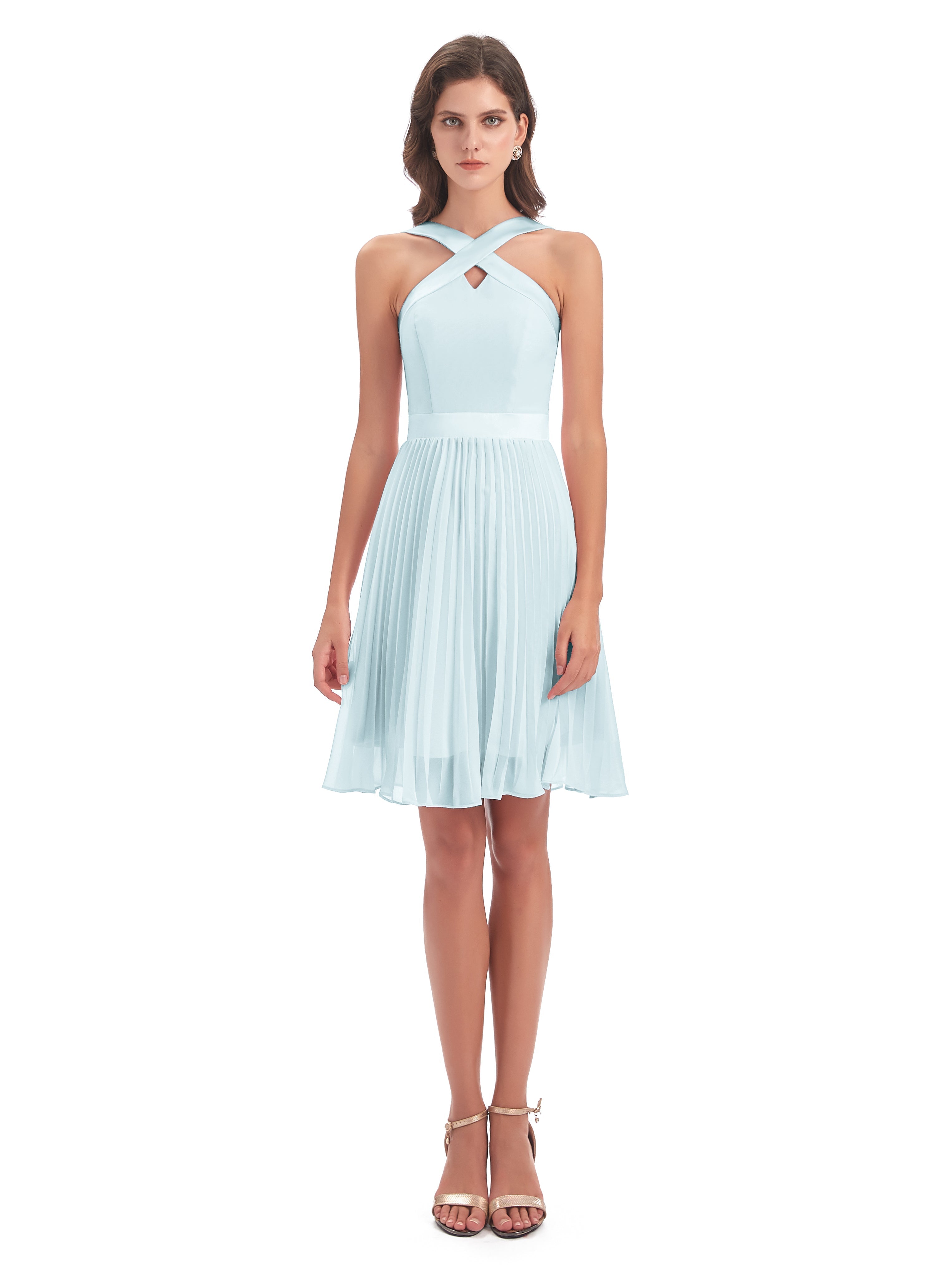 Robe De Demoiselle D'Honneur Brume Longueur Genou Plis Bretelles Robes Demoiselle D'Honneur