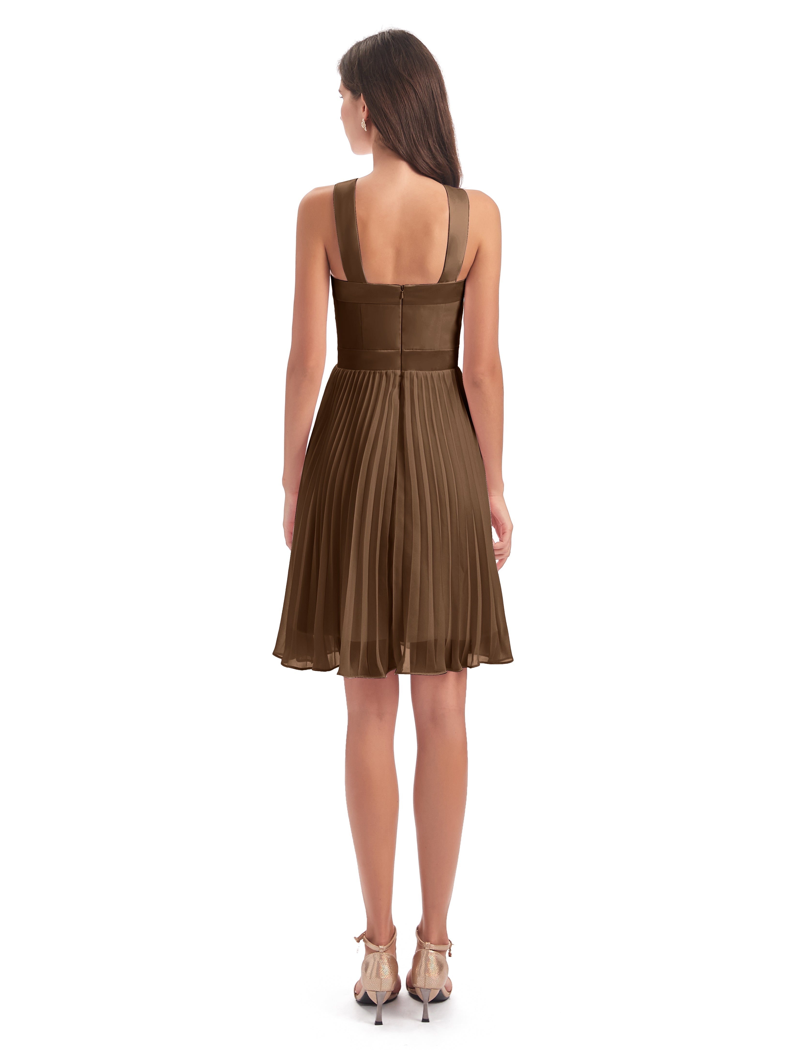 Robe Demoiselle D Honneur Brun Longueur Genou Plis Bretelles Robes Demoiselle D'Honneur
