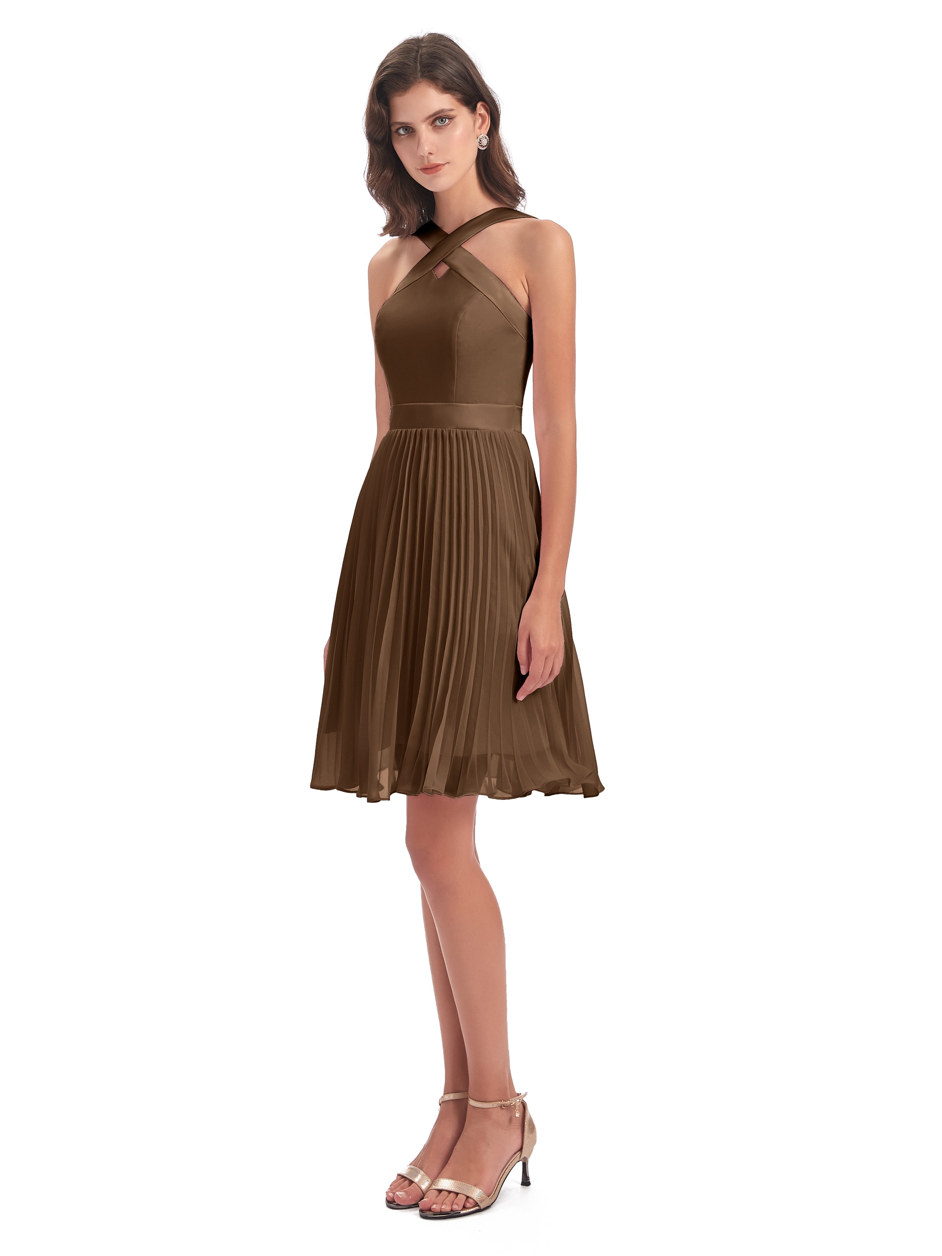 Robe Demoiselle D Honneur Brun Longueur Genou Plis Bretelles Robes Demoiselle D'Honneur