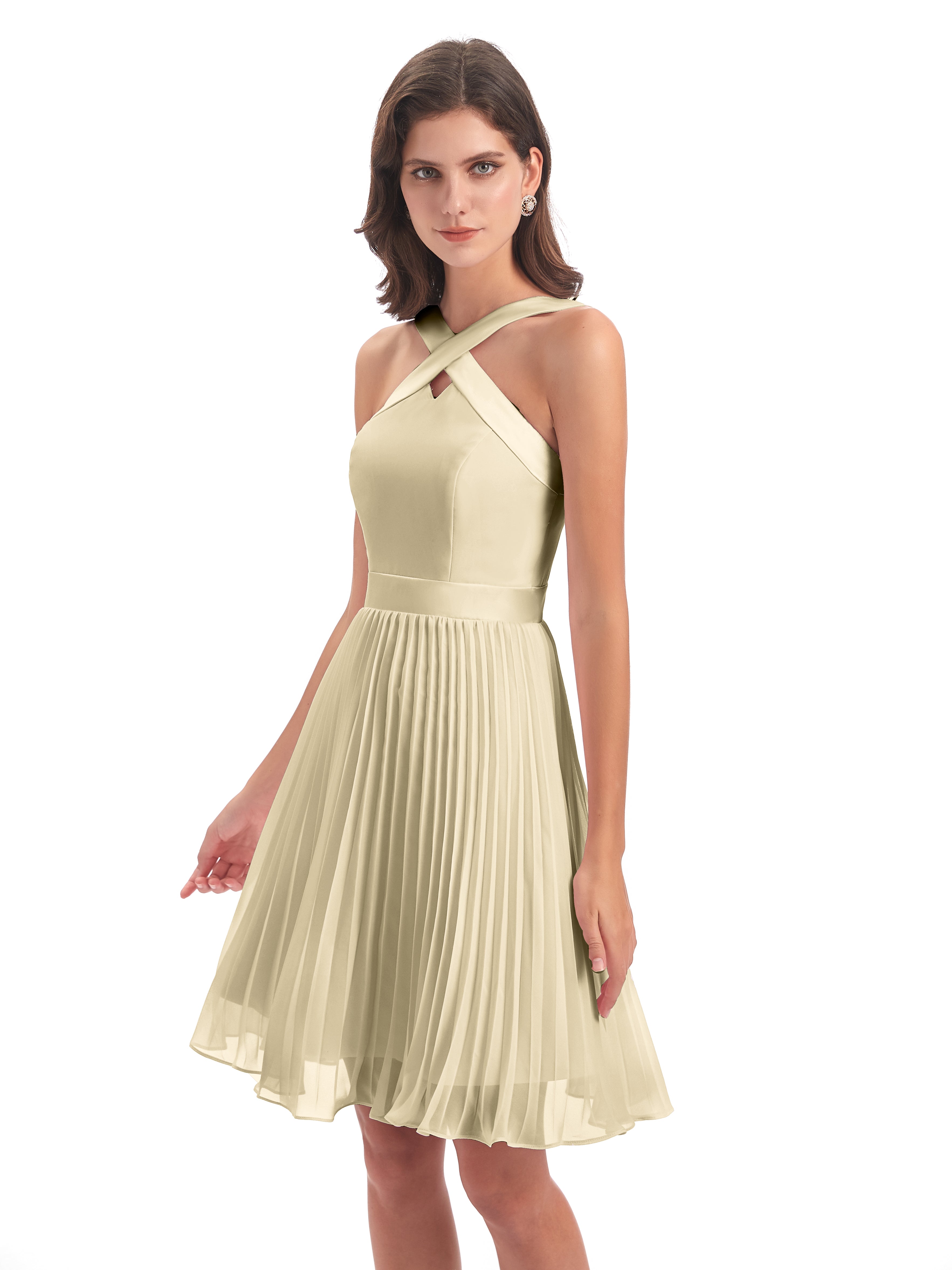 Robes De Demoiselle D'Honneur Champagne Longueur Genou Plis Bretelles Robes Demoiselle D'Honneur
