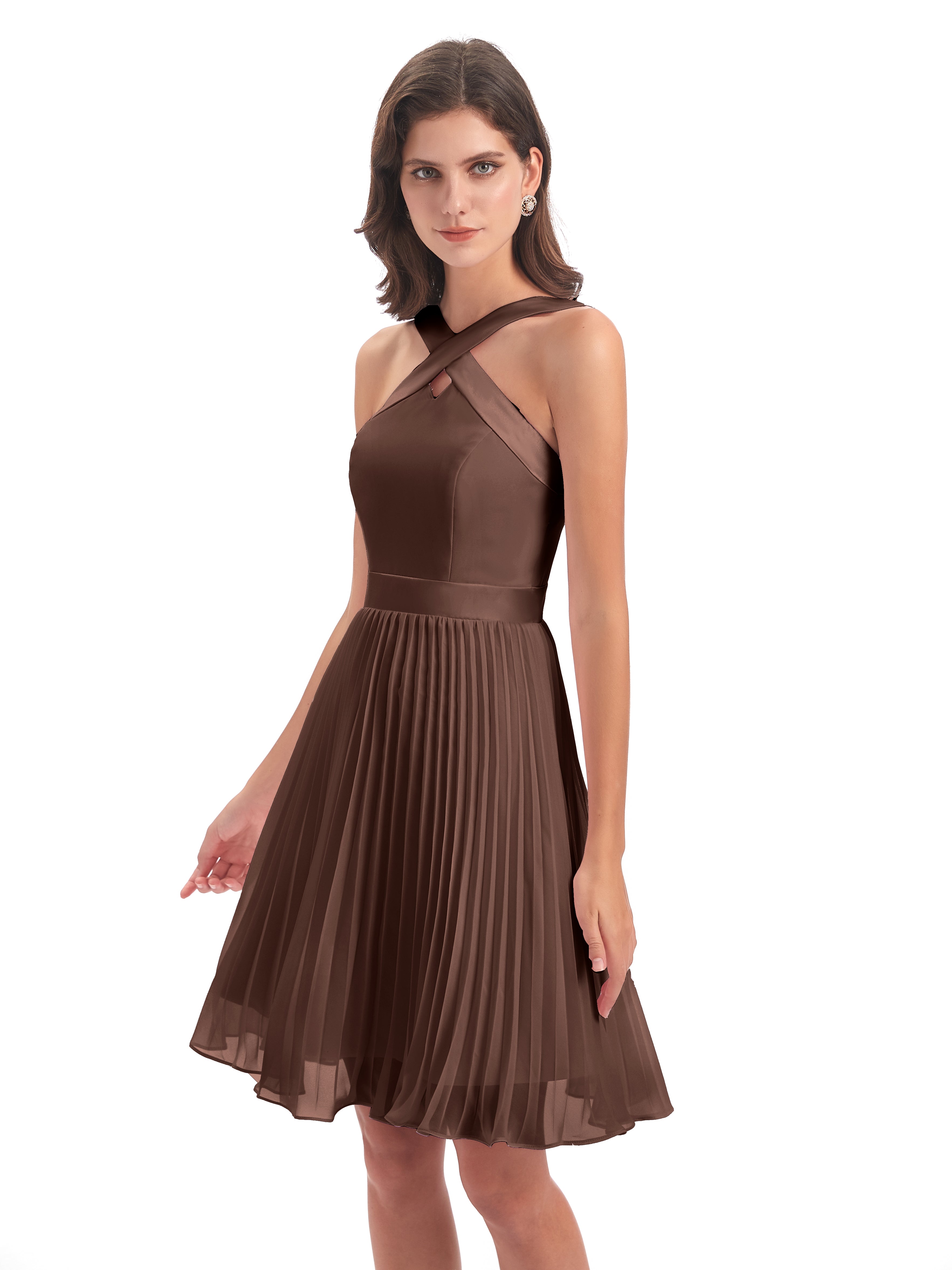Robe Chocolat Demoiselle D Honneur Longueur Genou Plis Bretelles Robes Demoiselle D'Honneur