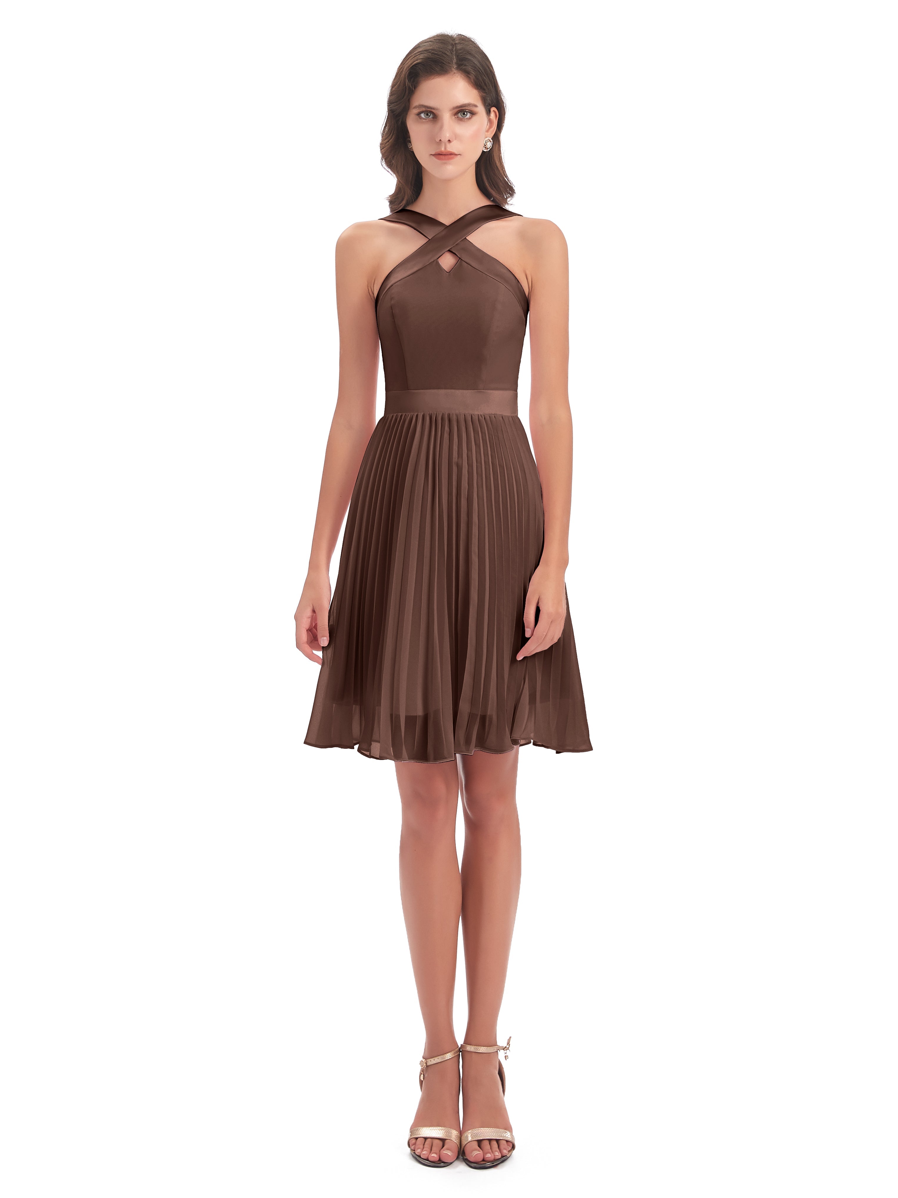 Robe Chocolat Demoiselle D Honneur Longueur Genou Plis Bretelles Robes Demoiselle D'Honneur