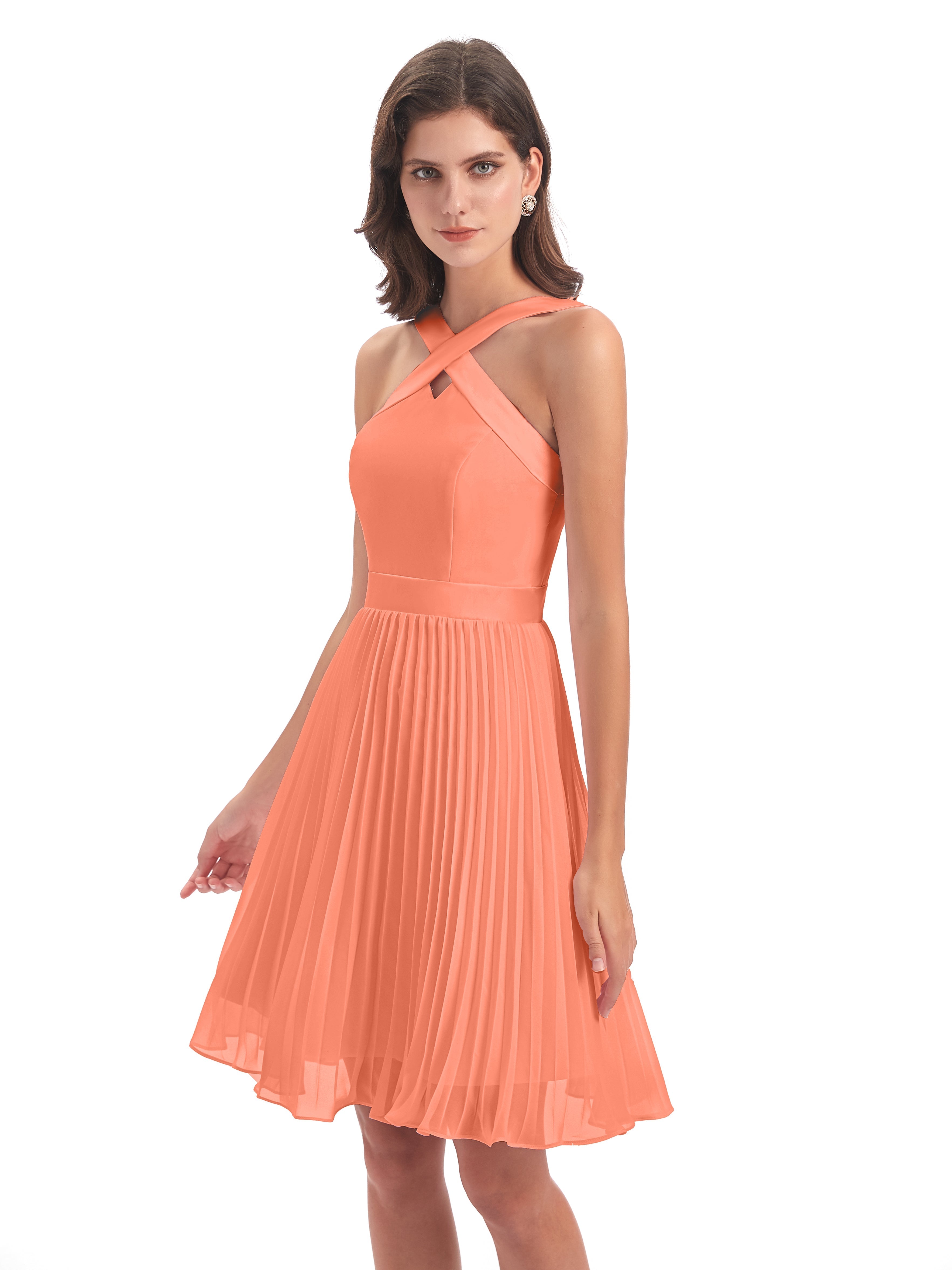 Robes De Demoiselle D'Honneur Coucher De Soleil Longueur Genou Plis Bretelles Robes Demoiselle D'Honneur