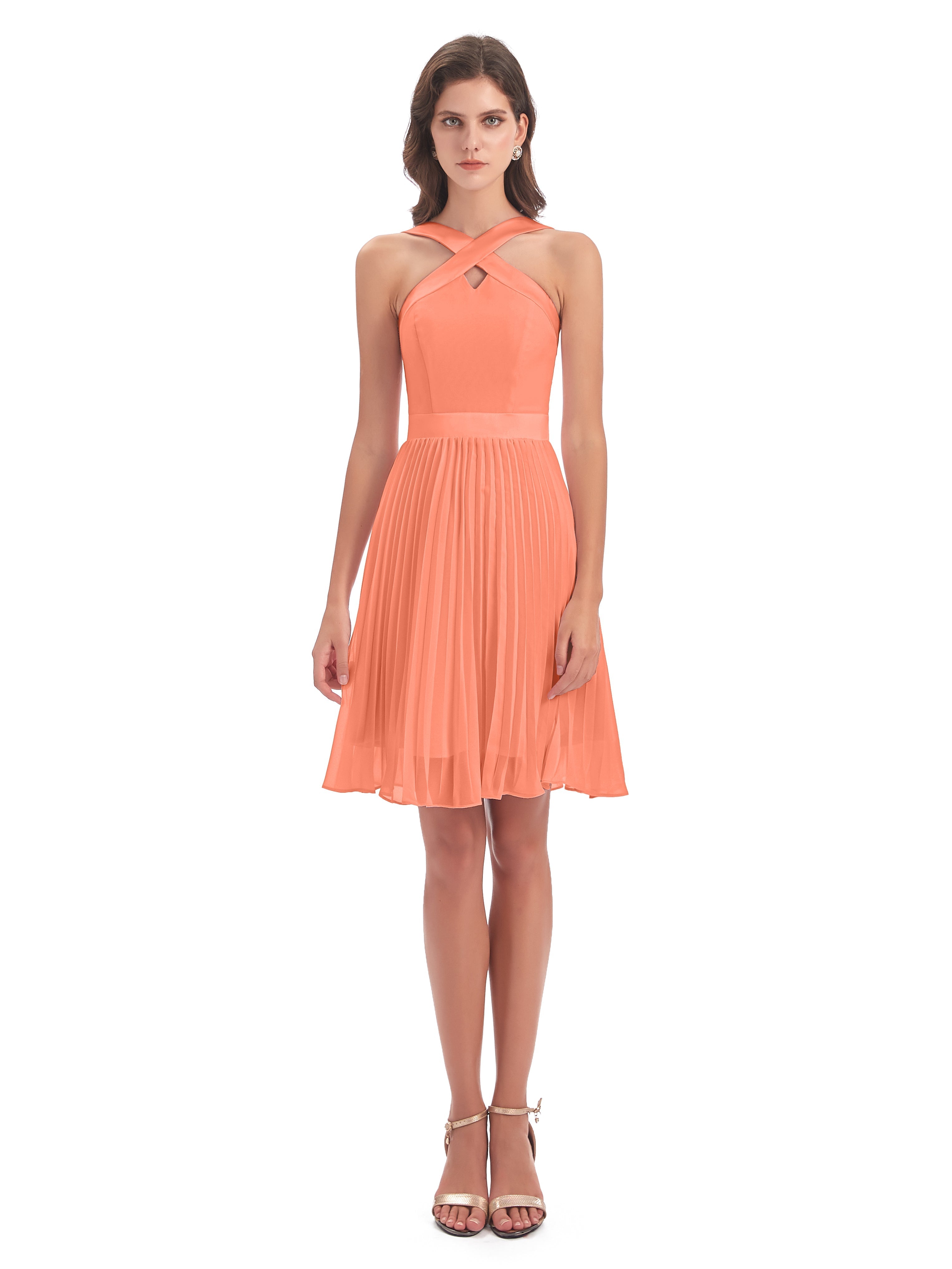 Robes De Demoiselle D'Honneur Coucher De Soleil Longueur Genou Plis Bretelles Robes Demoiselle D'Honneur
