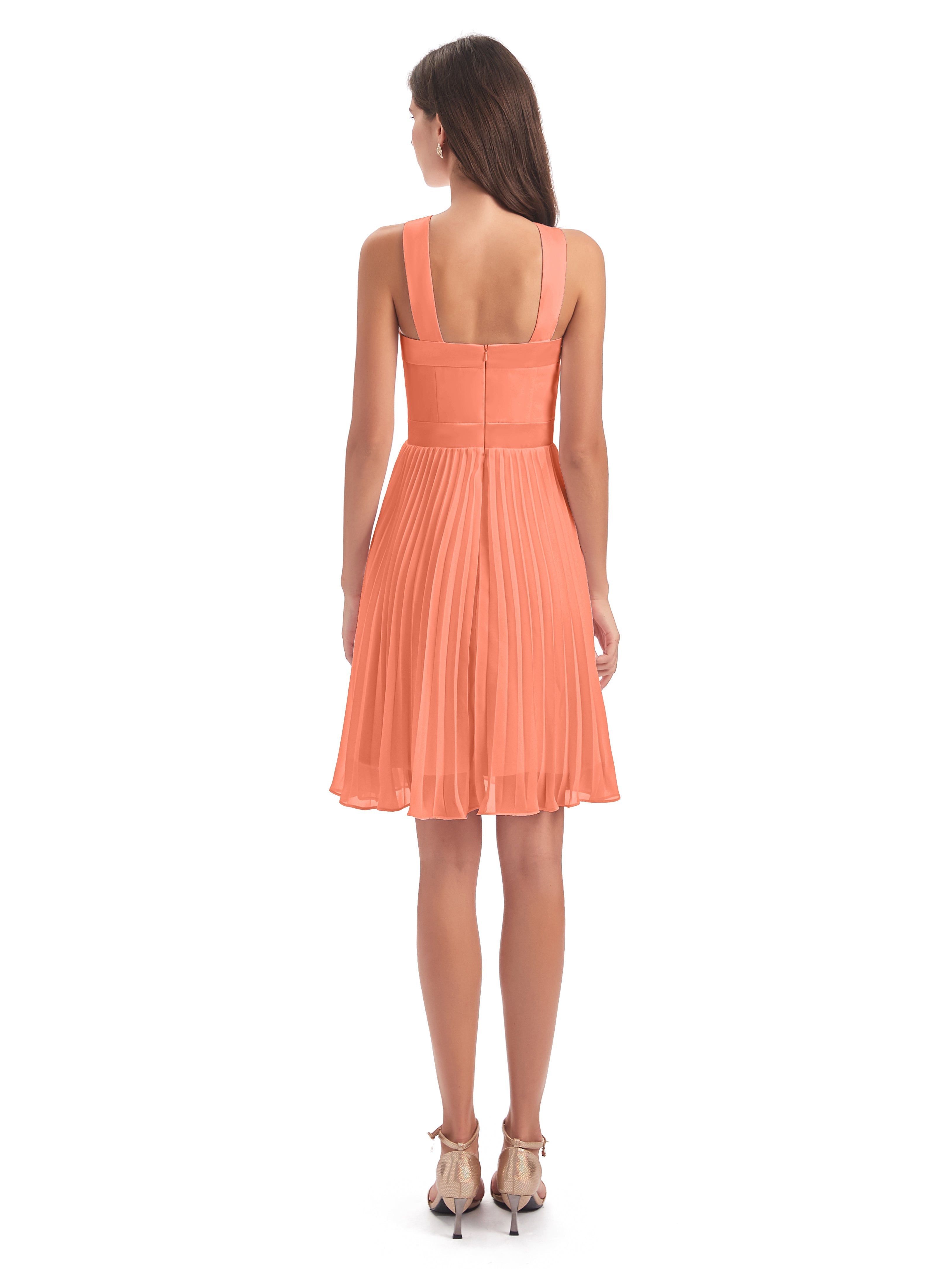 Robes De Demoiselle D'Honneur Coucher De Soleil Longueur Genou Plis Bretelles Robes Demoiselle D'Honneur
