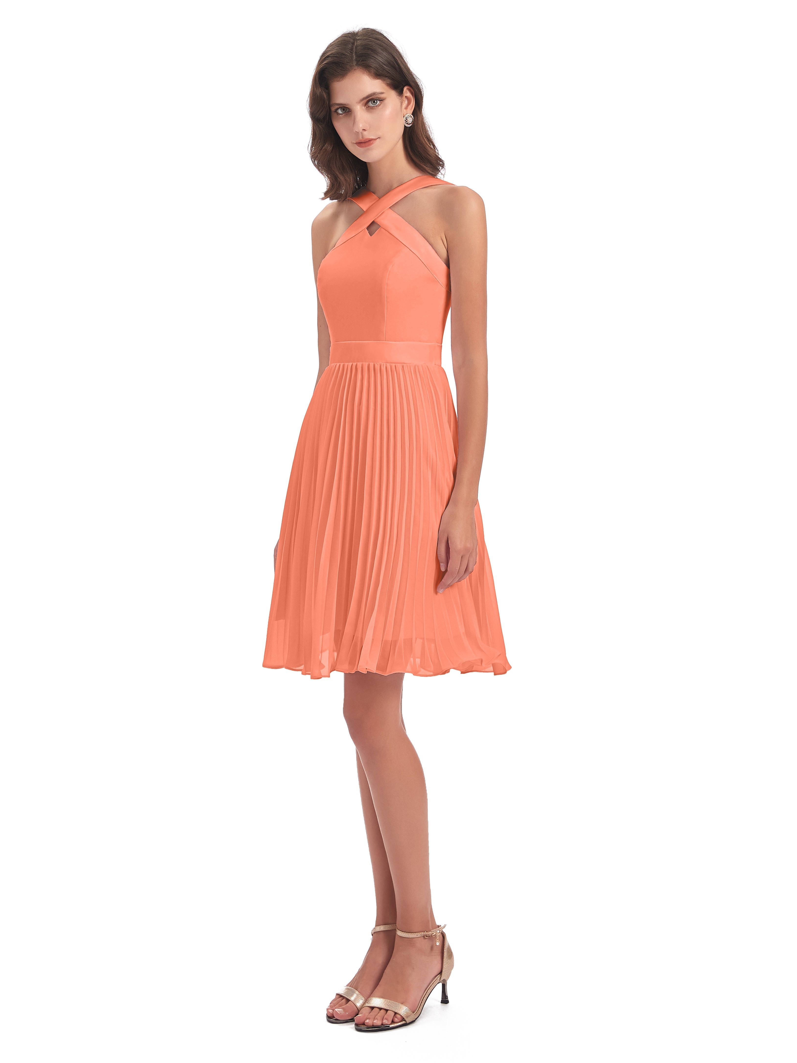 Robes De Demoiselle D'Honneur Coucher De Soleil Longueur Genou Plis Bretelles Robes Demoiselle D'Honneur