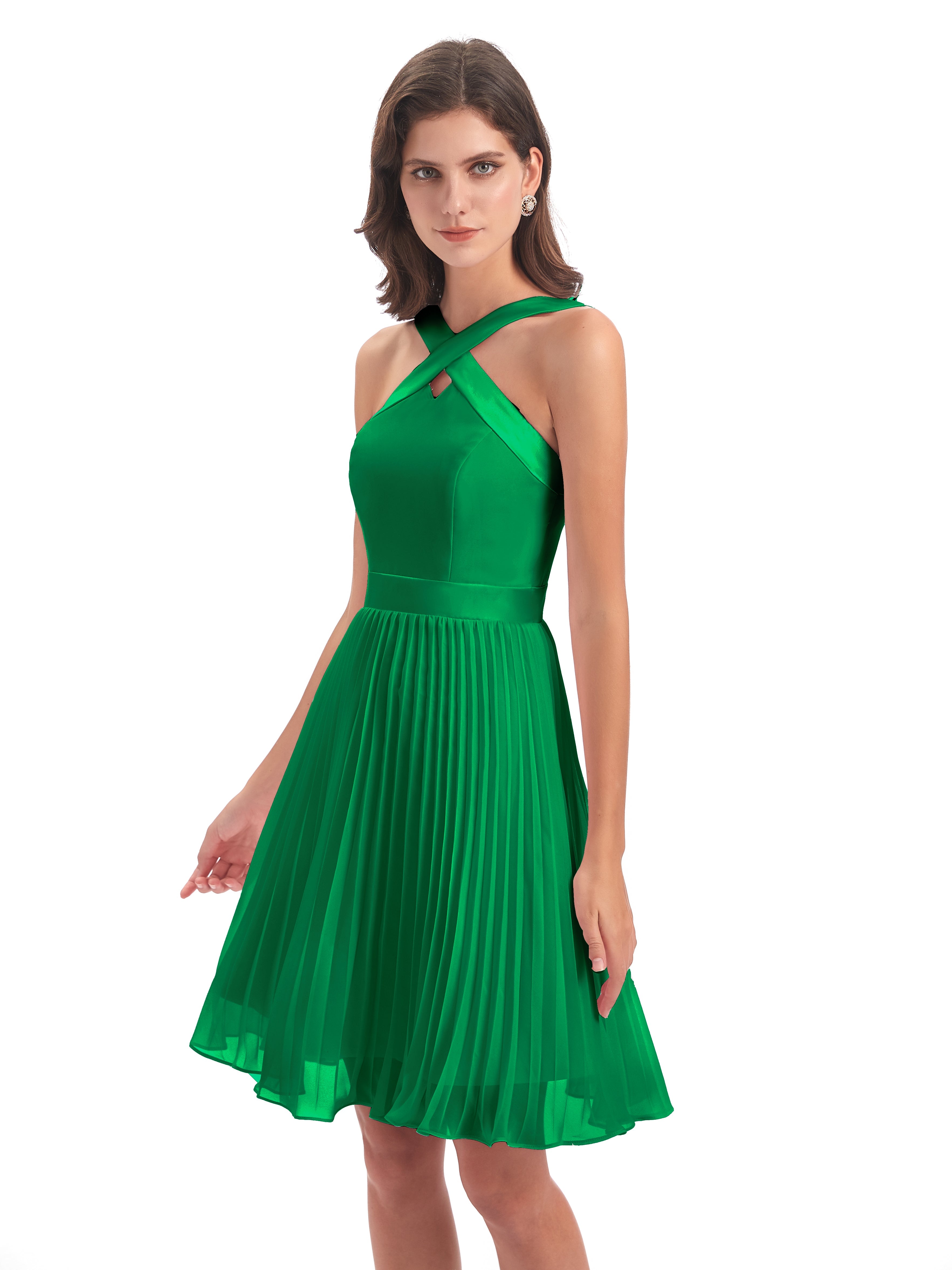 Robes De Demoiselle D'Honneur Vert Émeraude Foncé Longueur Genou Plis Bretelles Robes Demoiselle D'Honneur