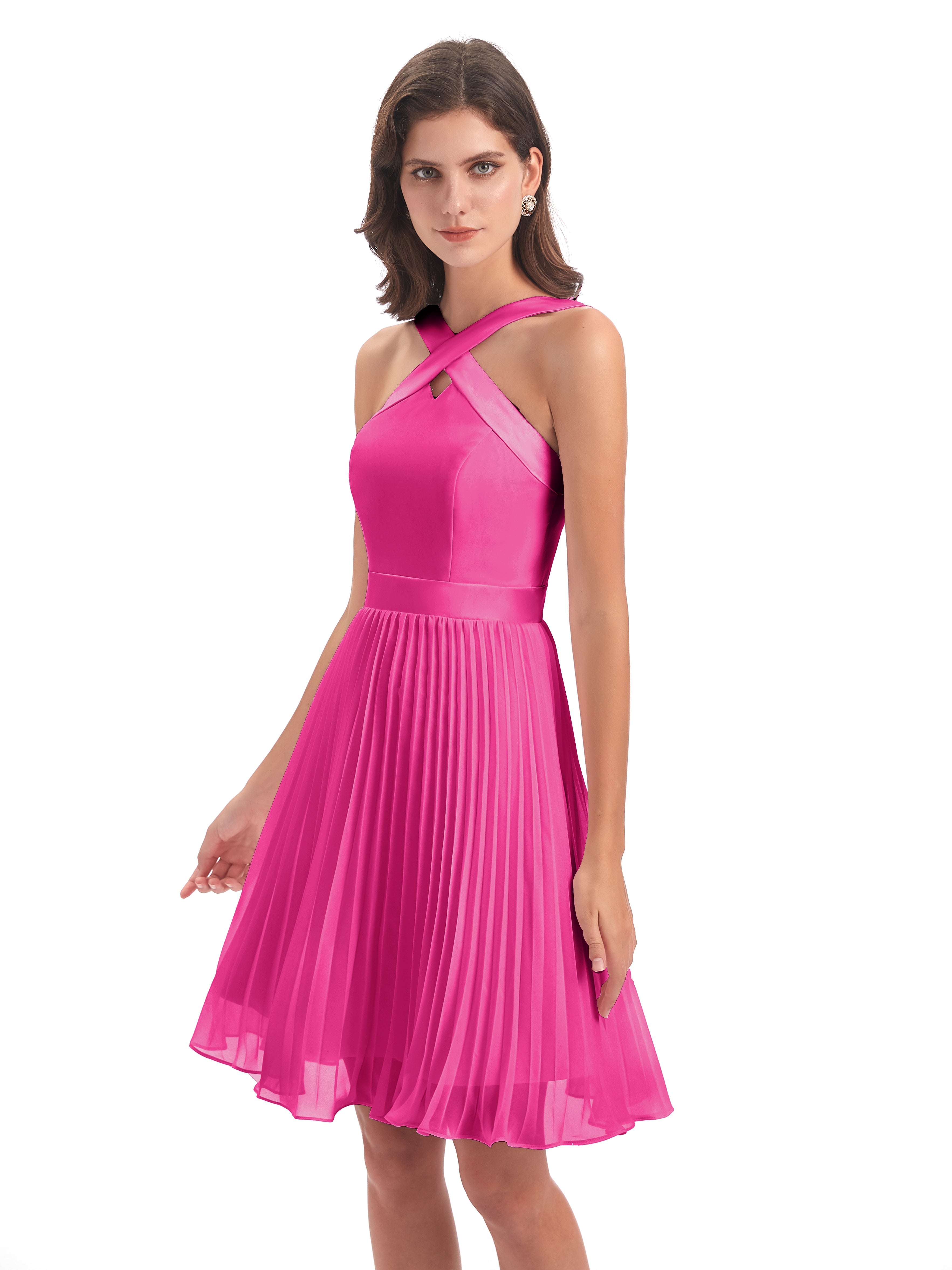 Robes De Demoiselle D'Honneur Couleur Fuchsia Rose Longueur Genou Plis Bretelles Robes Demoiselle D'Honneur