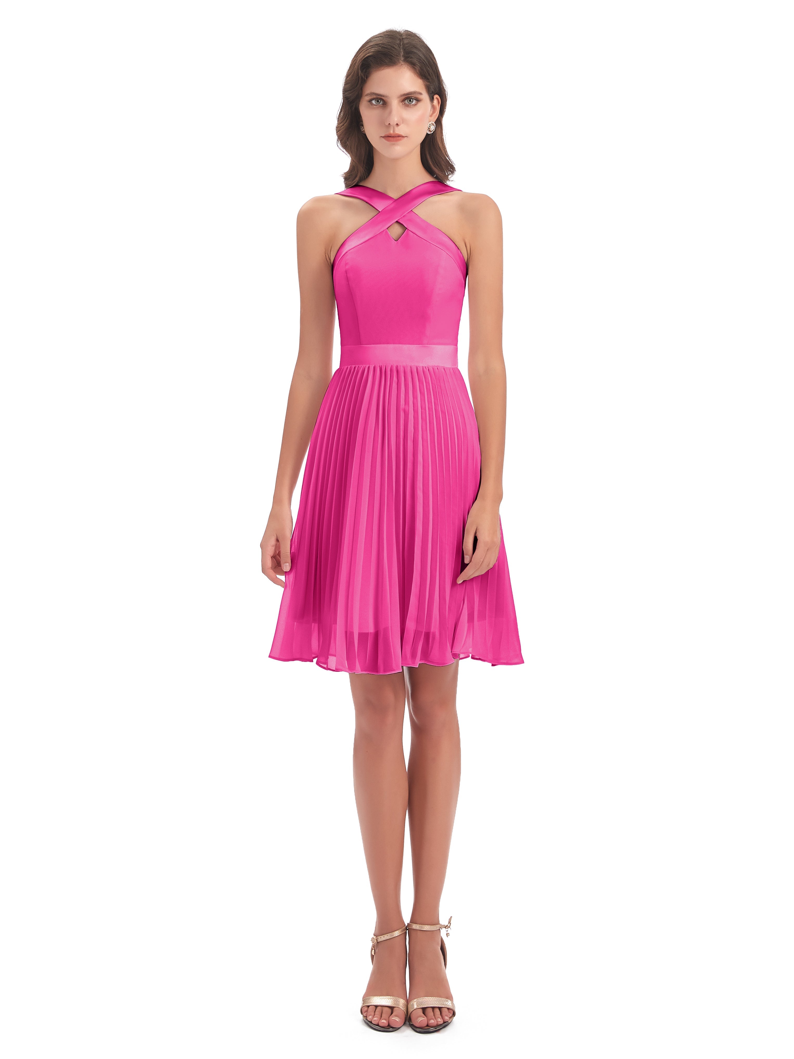 Robes De Demoiselle D'Honneur Couleur Fuchsia Rose Longueur Genou Plis Bretelles Robes Demoiselle D'Honneur