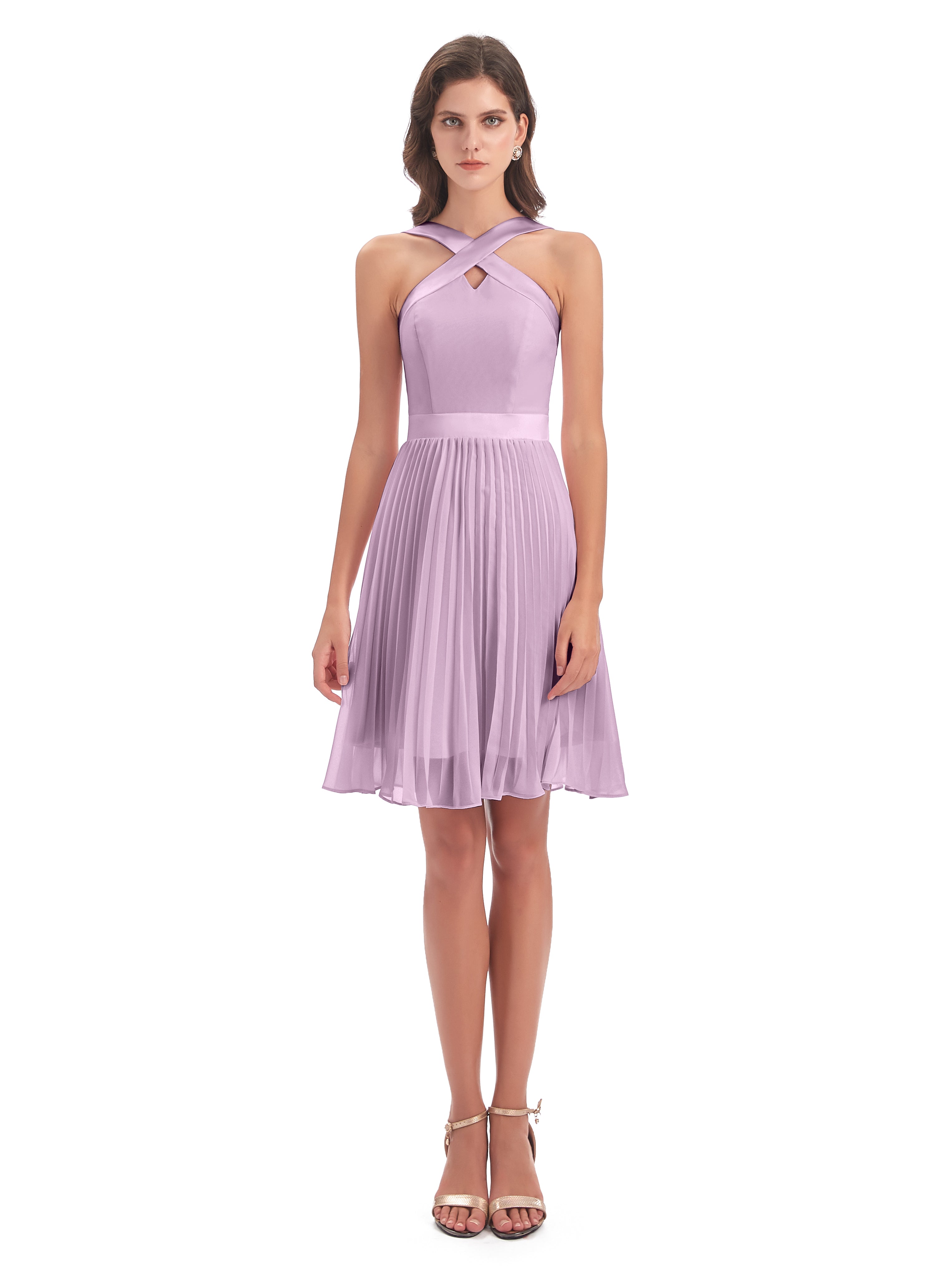 Robes De Demoiselle D'Honneur Glycine Longueur Genou Plis Bretelles Robes Demoiselle D'Honneur