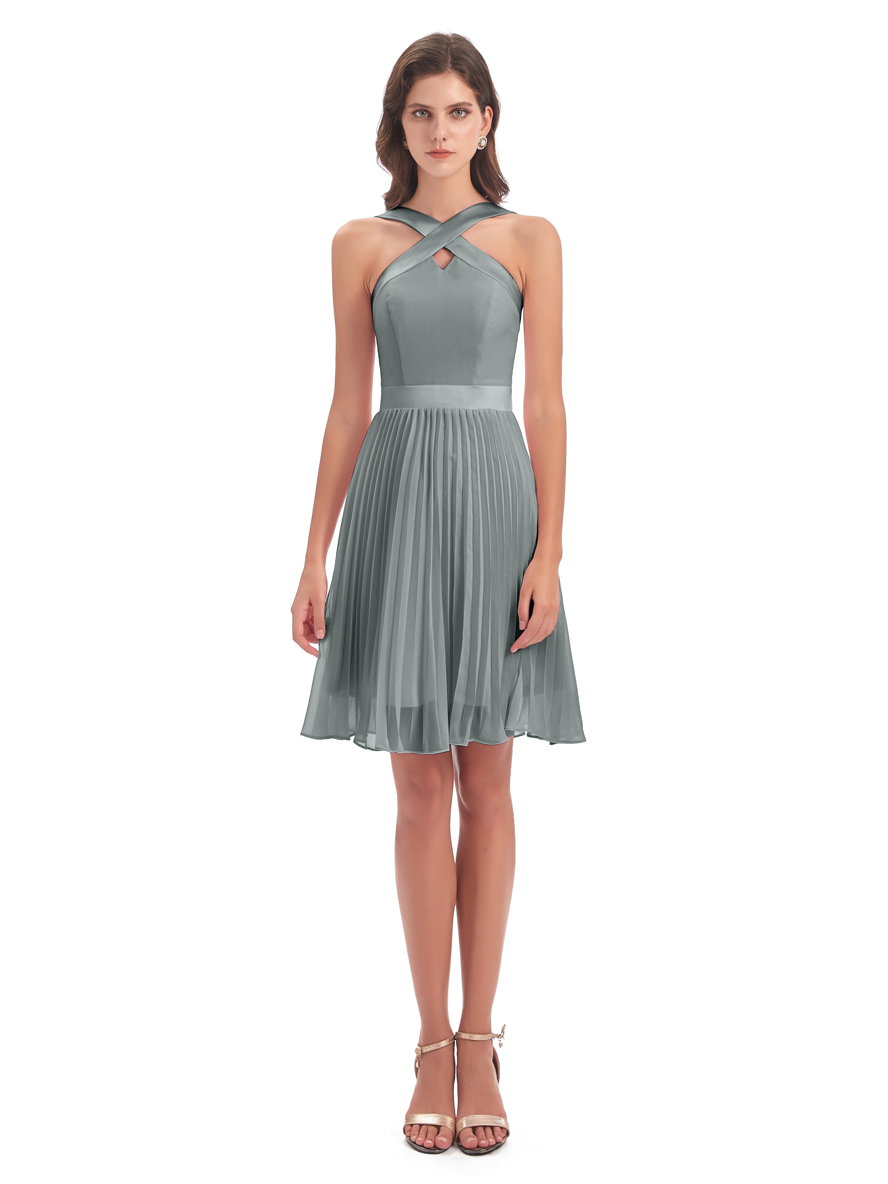 Robe Demoiselle D Honneur Grise Longueur Genou Plis Bretelles Robes Demoiselle D'Honneur