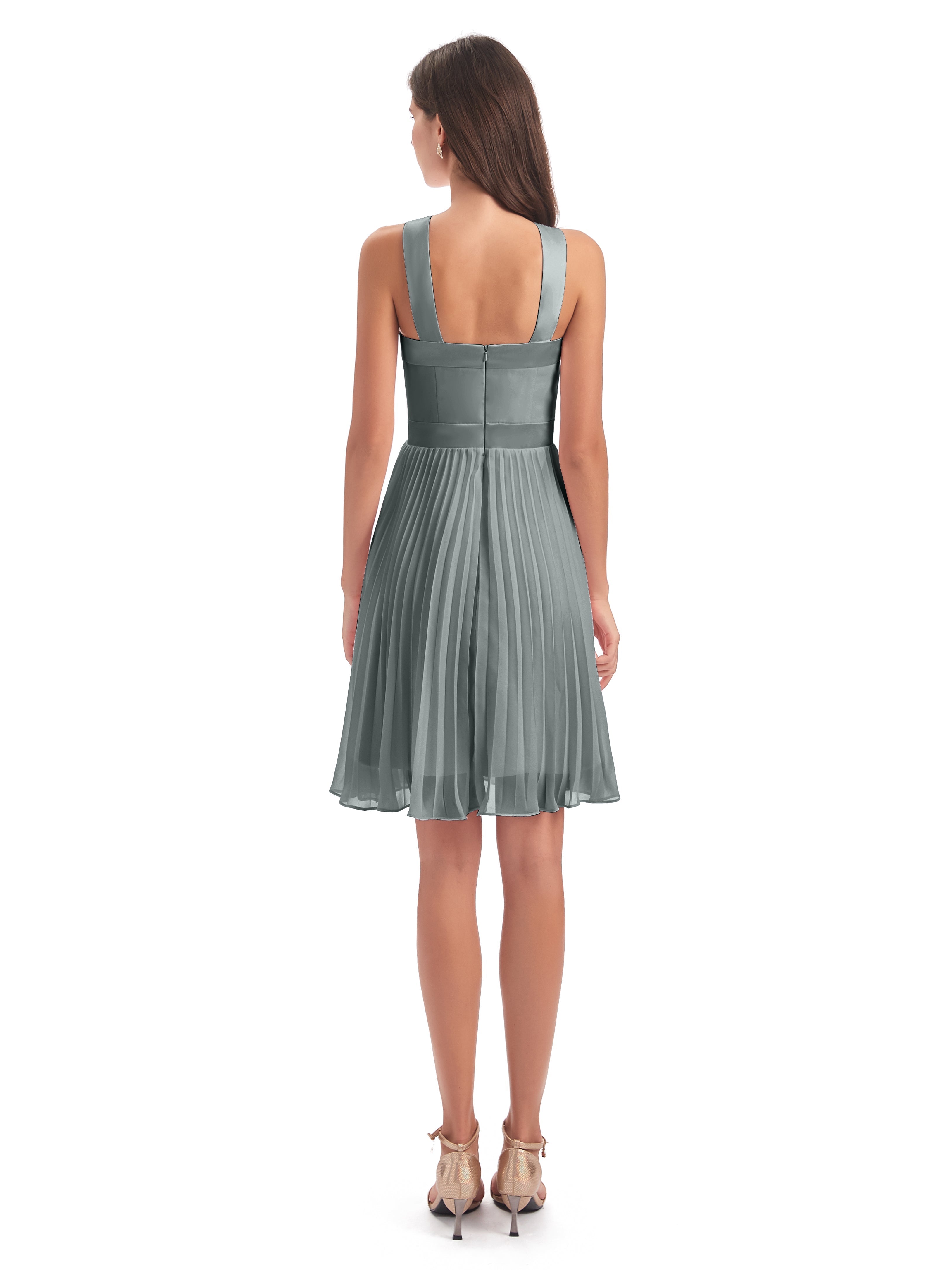 Robe Demoiselle D Honneur Grise Longueur Genou Plis Bretelles Robes Demoiselle D'Honneur