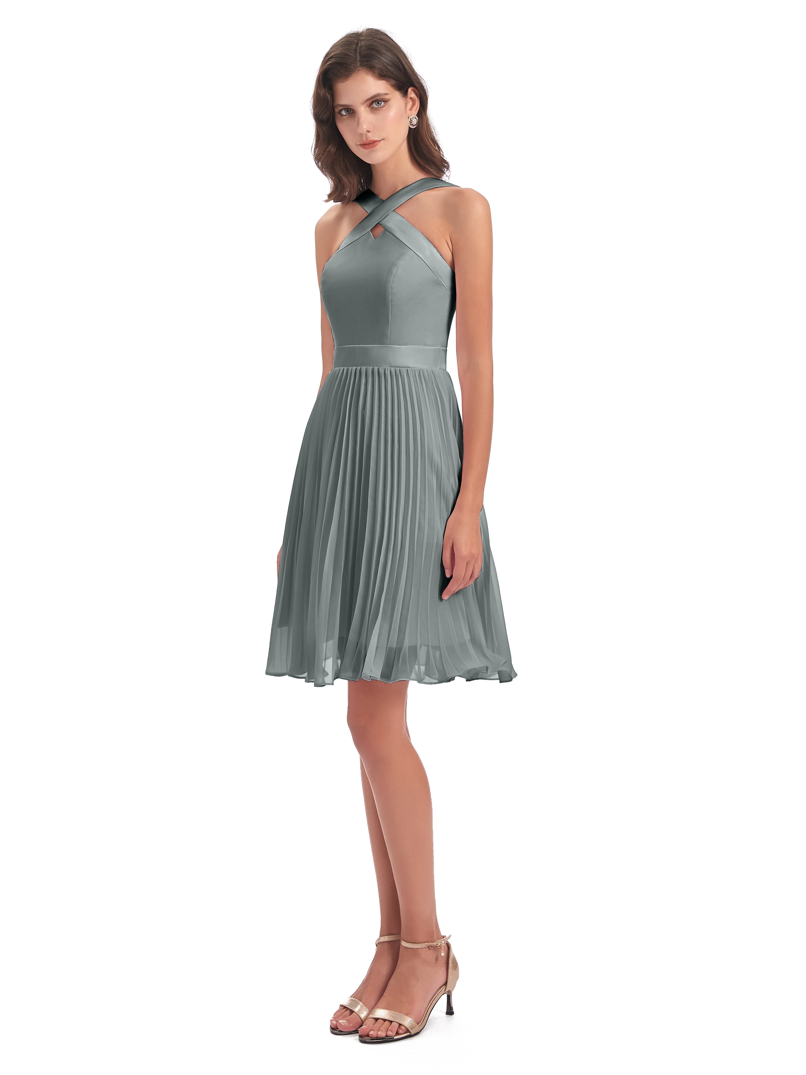 Robe Demoiselle D Honneur Grise Longueur Genou Plis Bretelles Robes Demoiselle D'Honneur