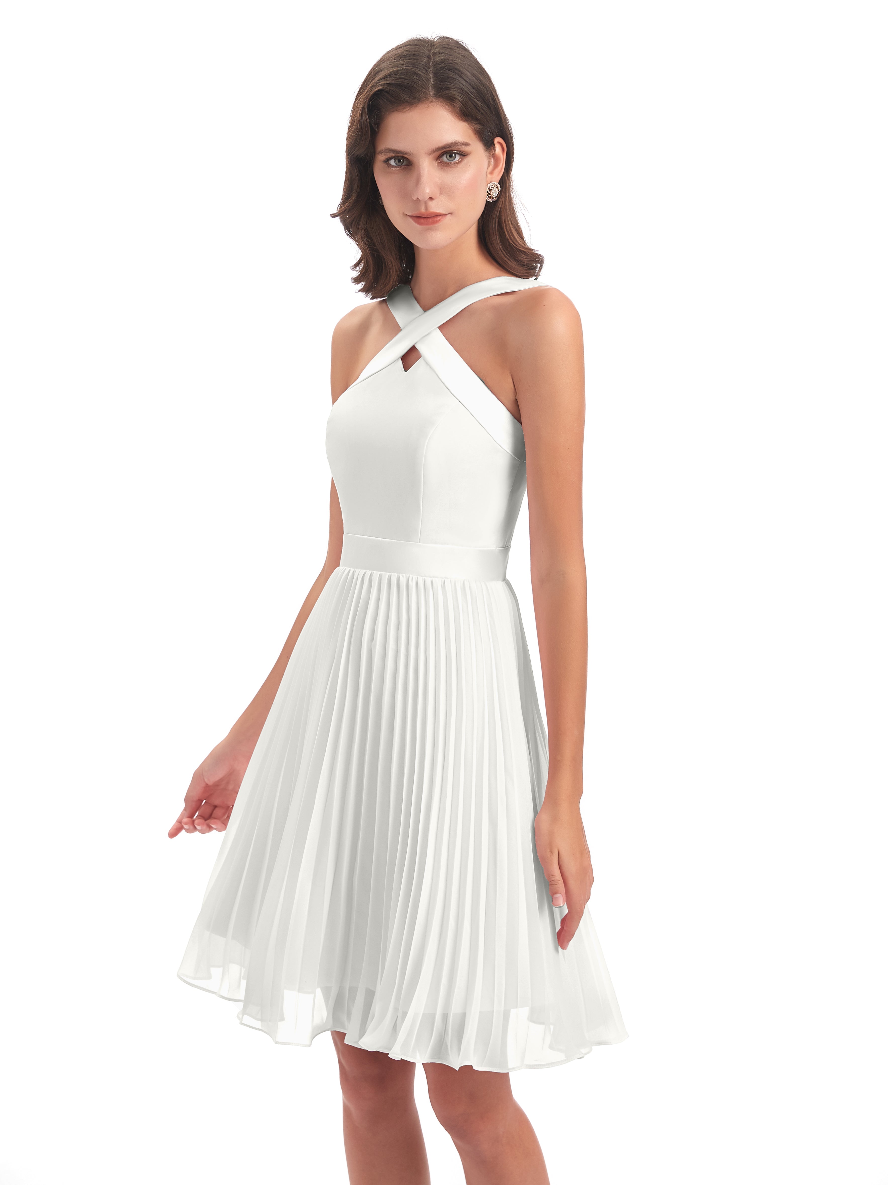 Robe Demoiselle D Honneur Ivoire Longueur Genou Plis Bretelles Robes Demoiselle D'Honneur