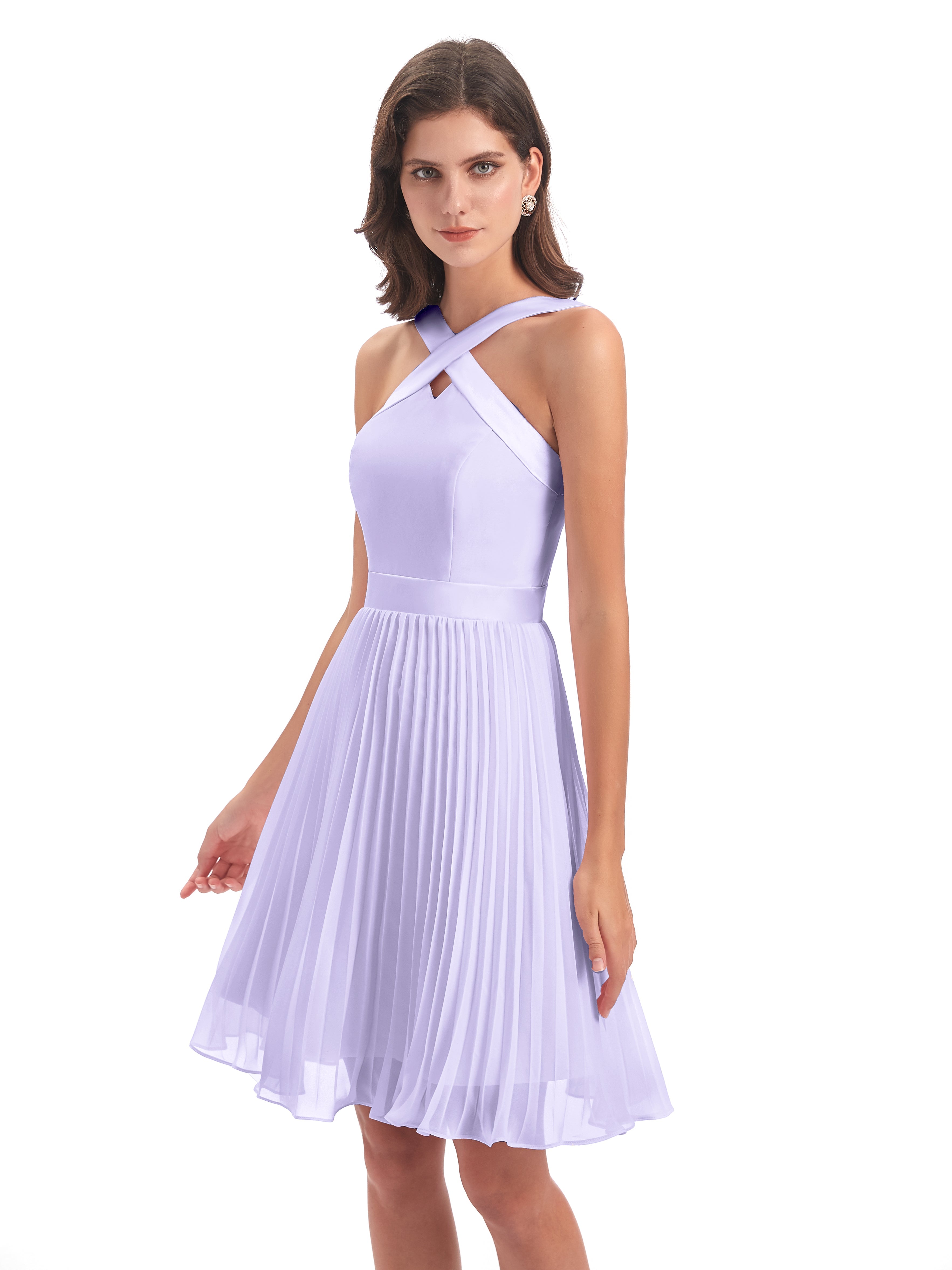 Robe Demoiselle D Honneur Lilas Longueur Genou Plis Bretelles Robes Demoiselle D'Honneur