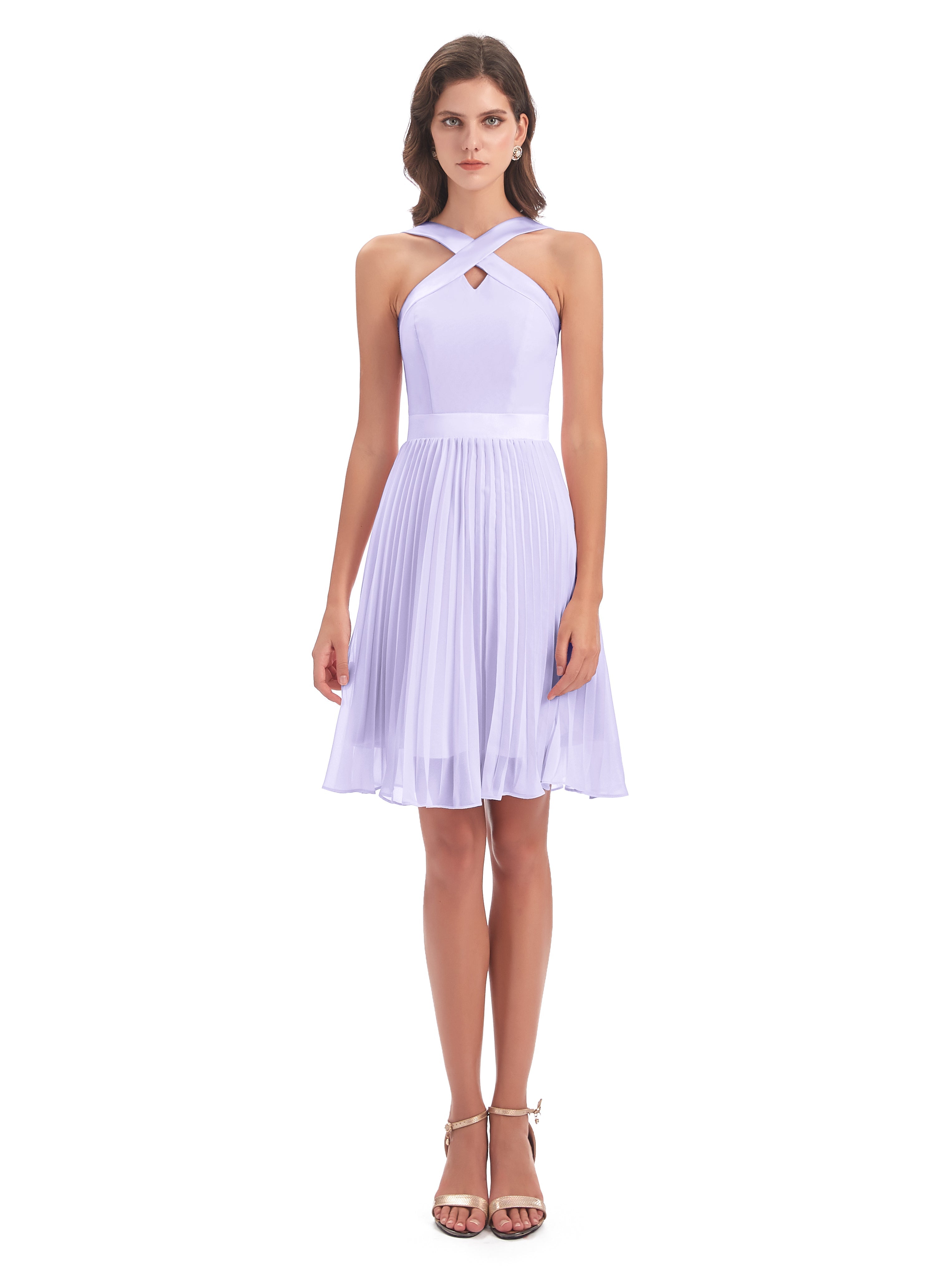 Robe Demoiselle D Honneur Lilas Longueur Genou Plis Bretelles Robes Demoiselle D'Honneur