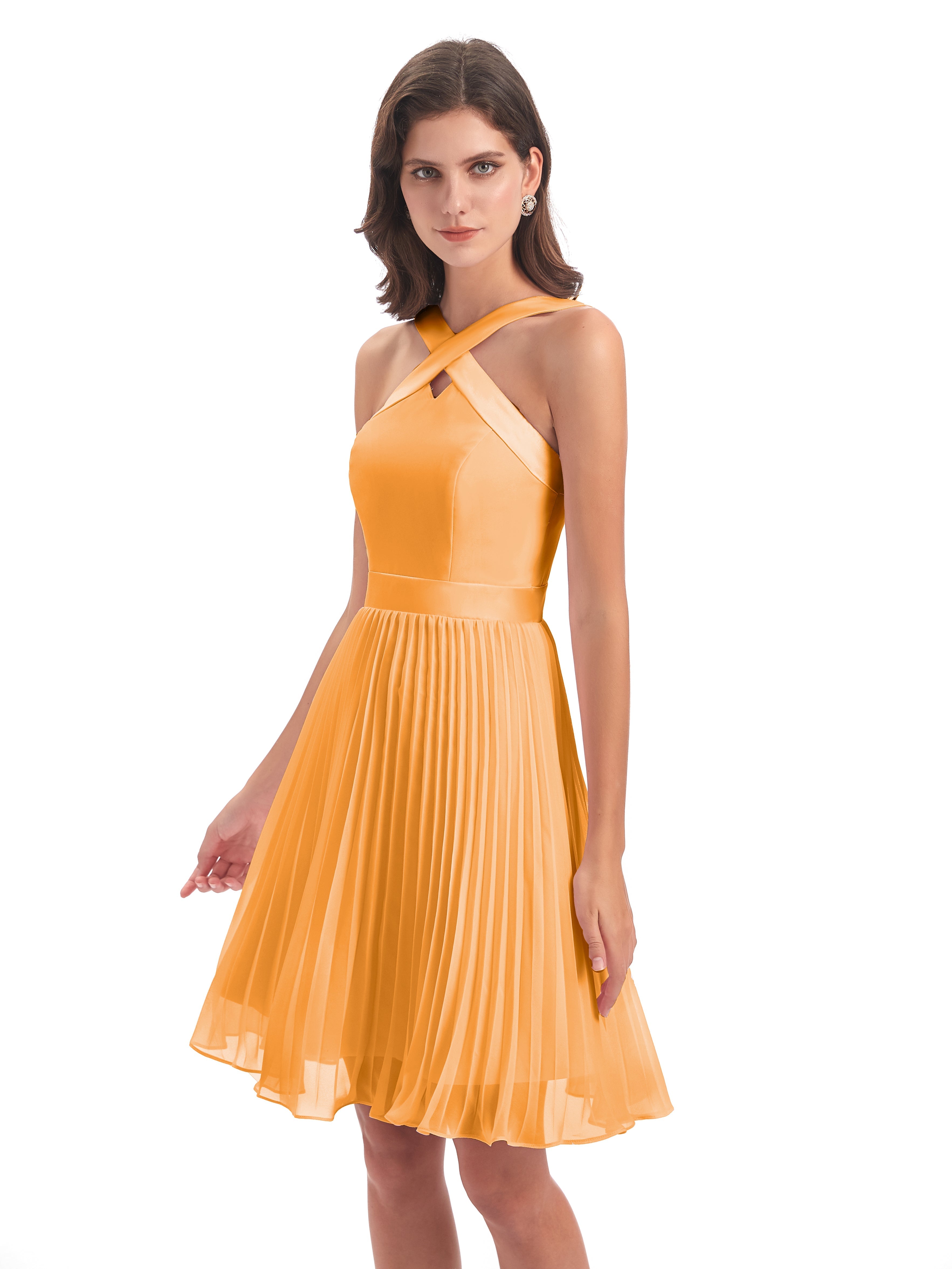 Robes De Demoiselle D'Honneur Mandarine Longueur Genou Plis Bretelles Robes Demoiselle D'Honneur
