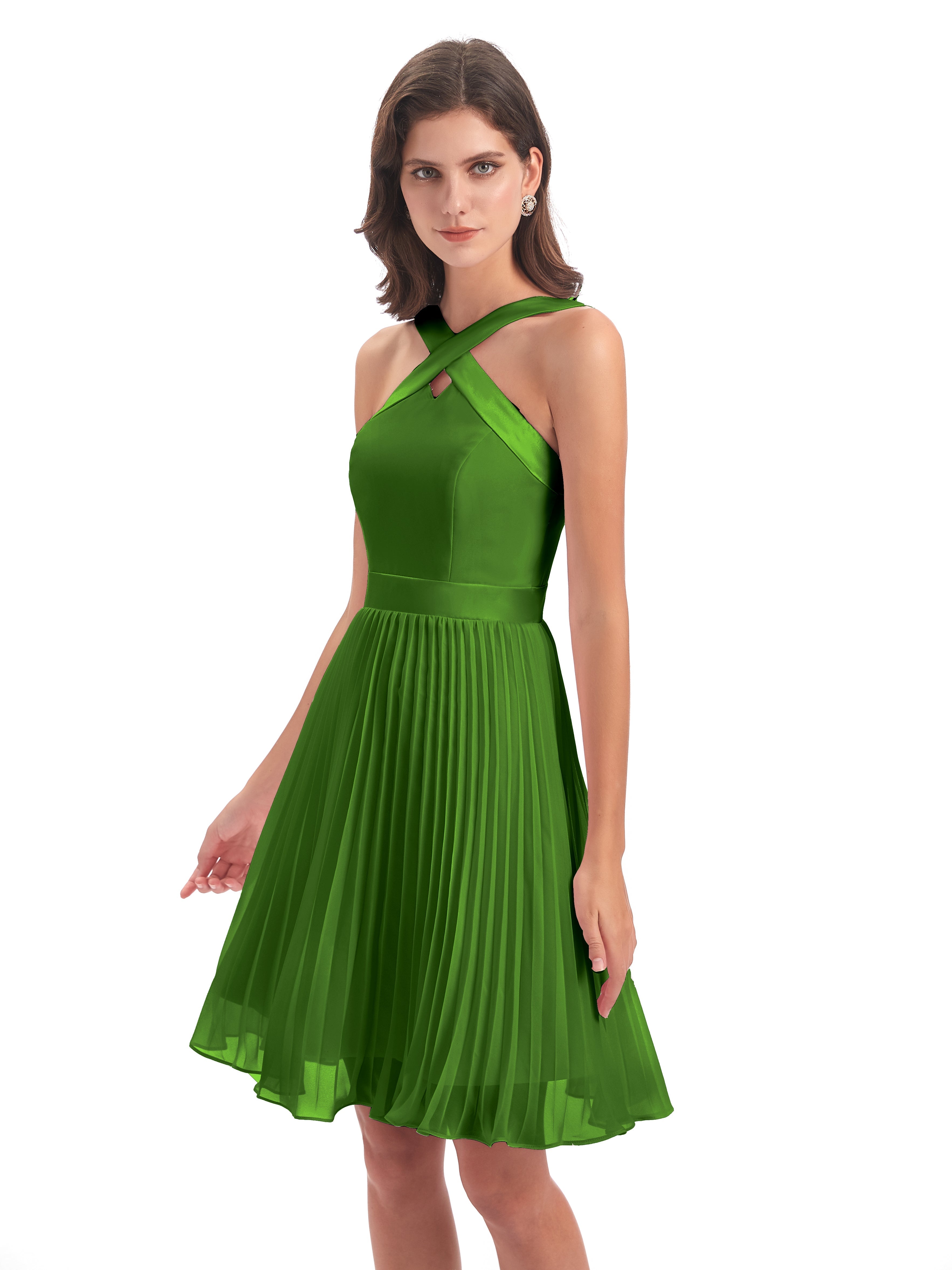 Robes De Demoiselle D'Honneur Vert Mousse Longueur Genou Plis Bretelles Robes Demoiselle D'Honneur