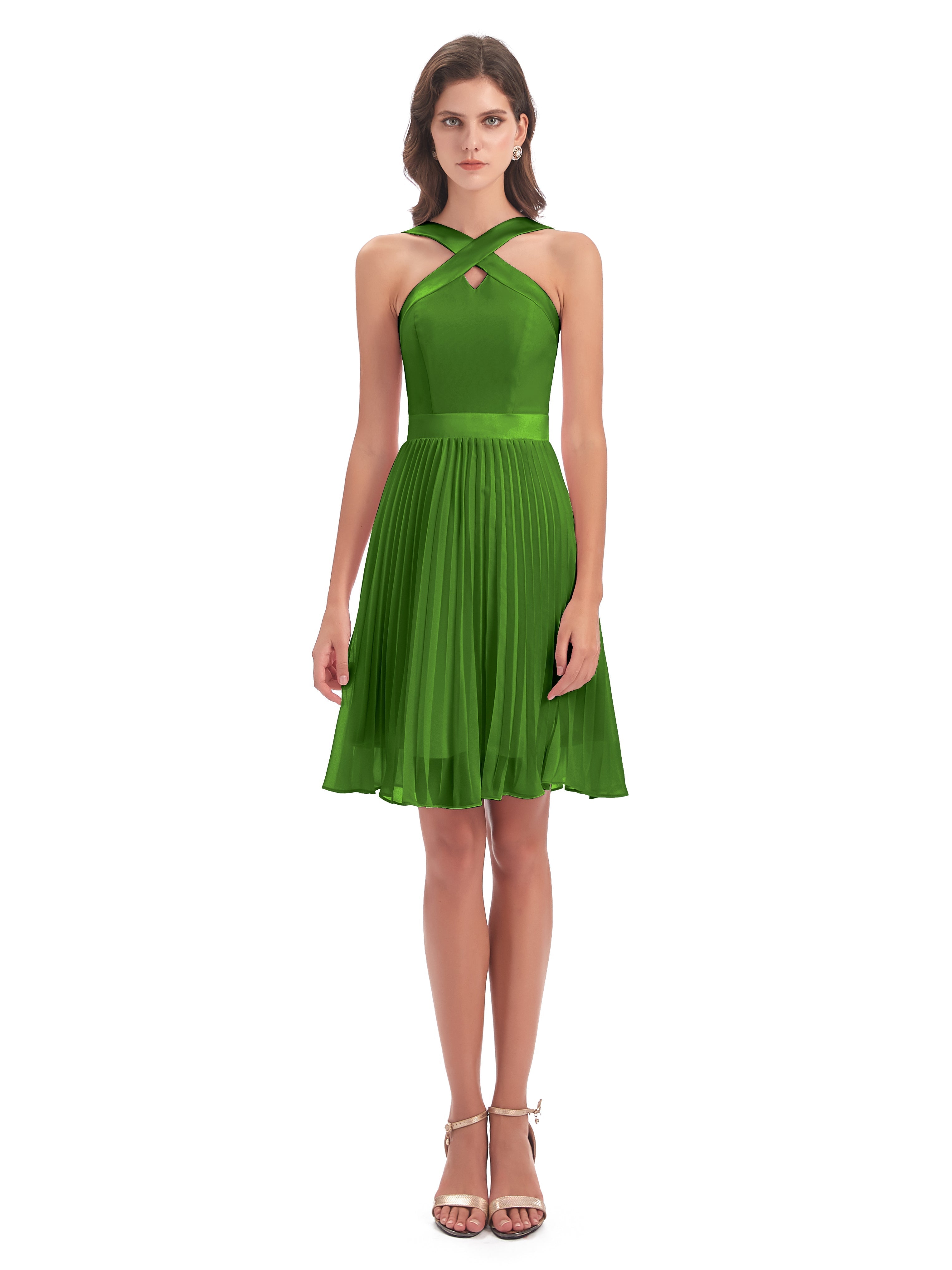 Robes De Demoiselle D'Honneur Vert Mousse Longueur Genou Plis Bretelles Robes Demoiselle D'Honneur