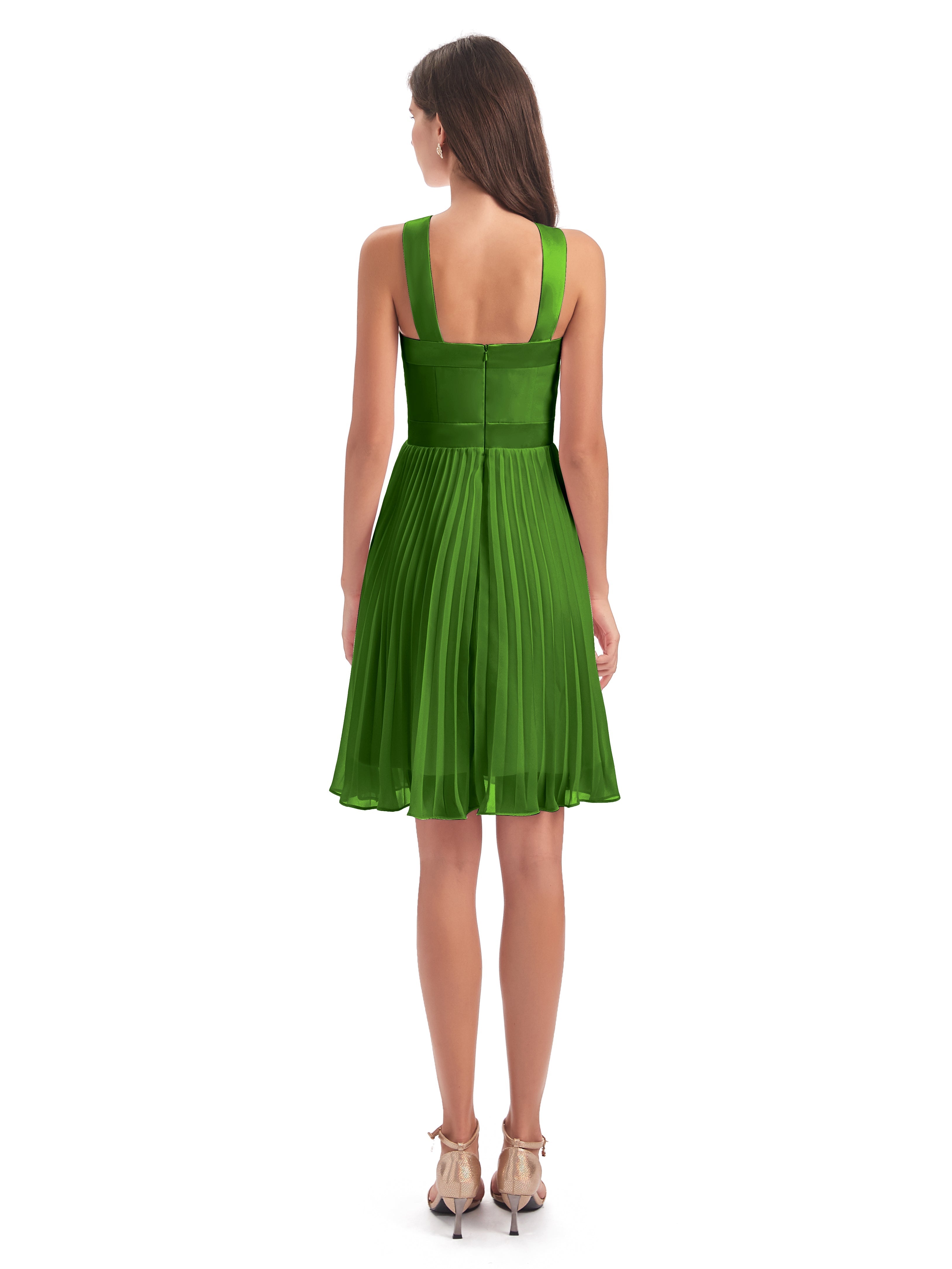 Robes De Demoiselle D'Honneur Vert Mousse Longueur Genou Plis Bretelles Robes Demoiselle D'Honneur