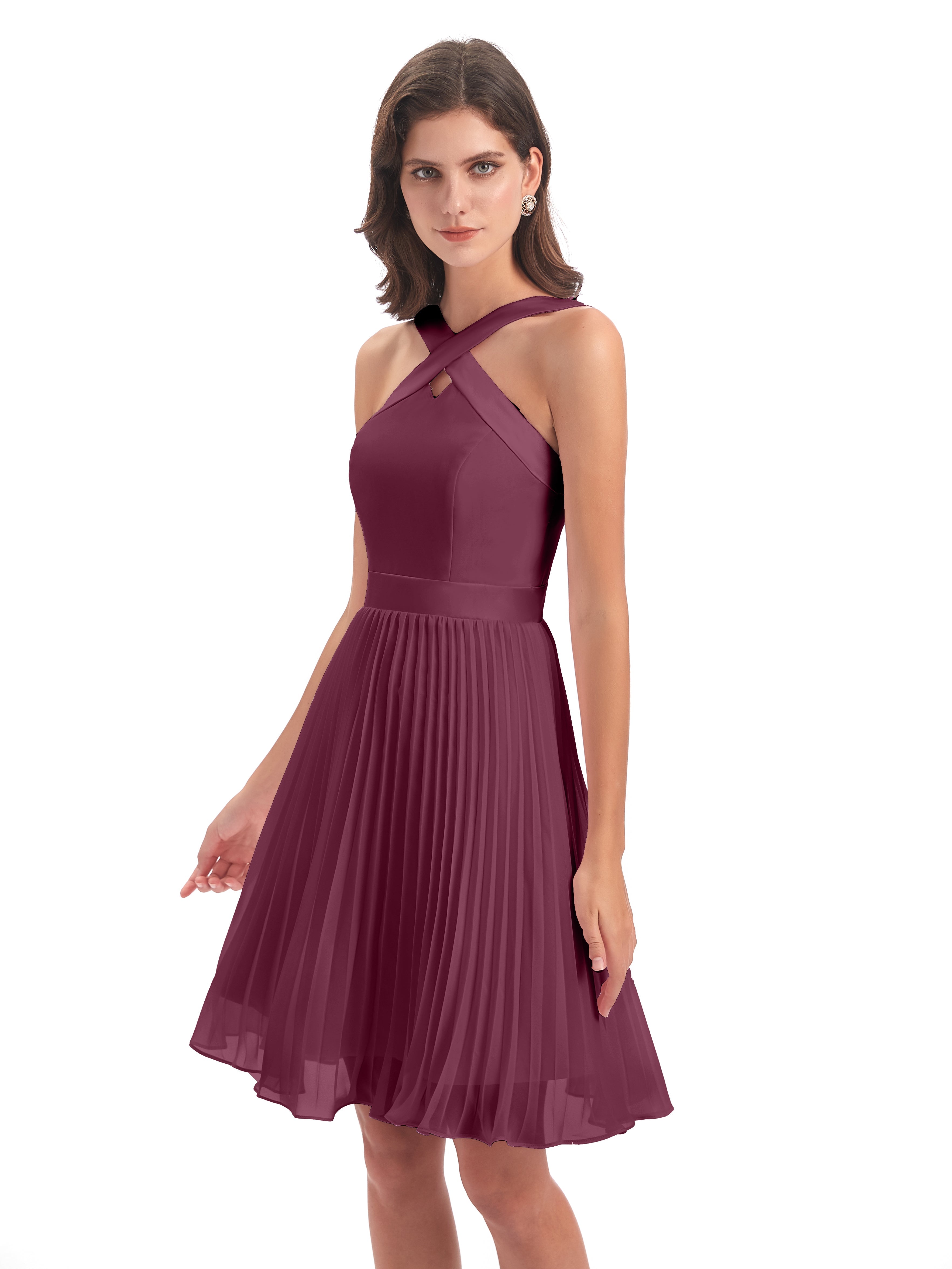 Robes De Demoiselle D'Honneur Mûre Longueur Genou Plis Bretelles Robes Demoiselle D'Honneur