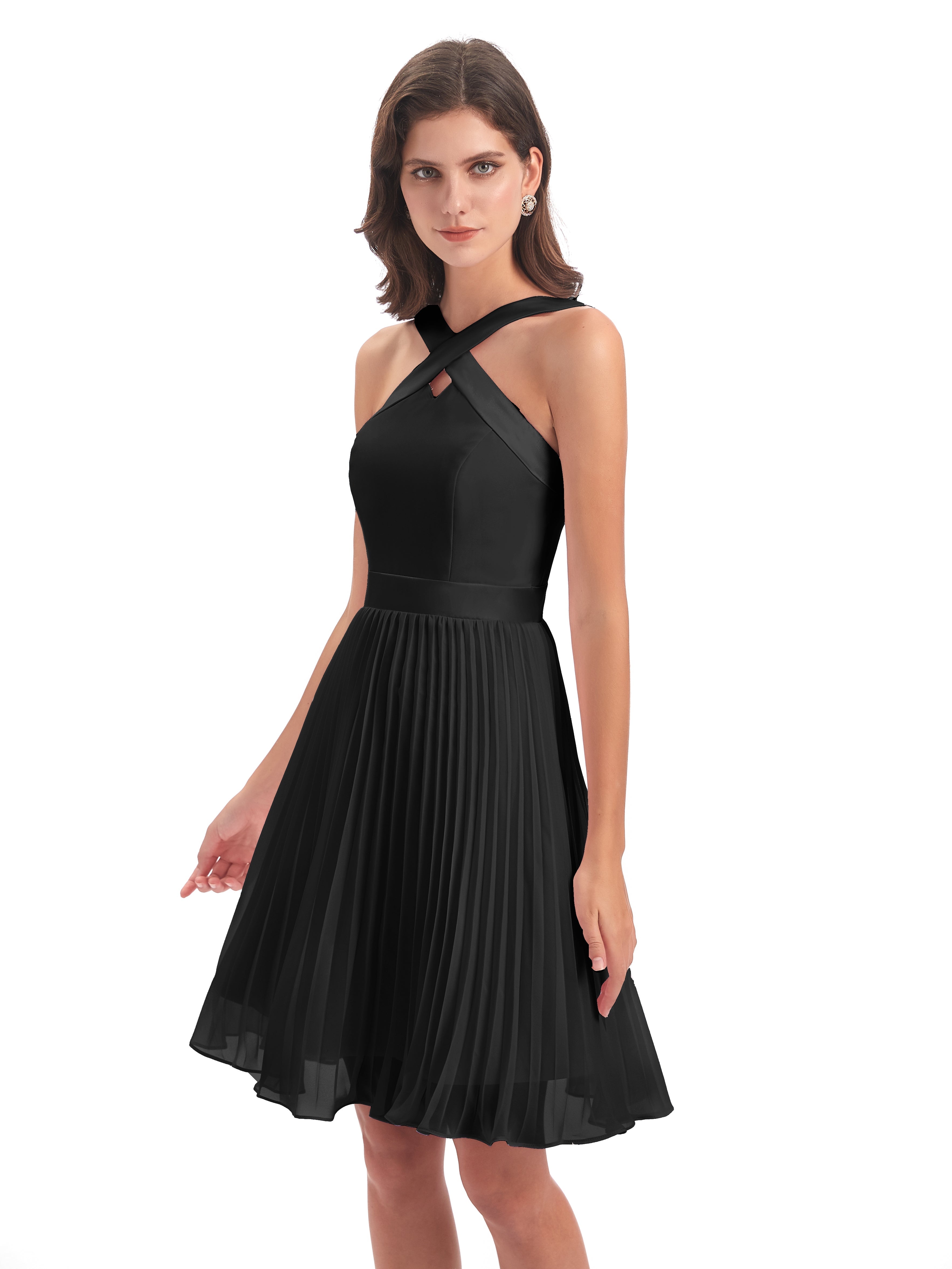 Robe Noir Demoiselle D Honneur Robes De Demoiselle D'Honneur Noires Courtes Longueur Genou Plis Brete