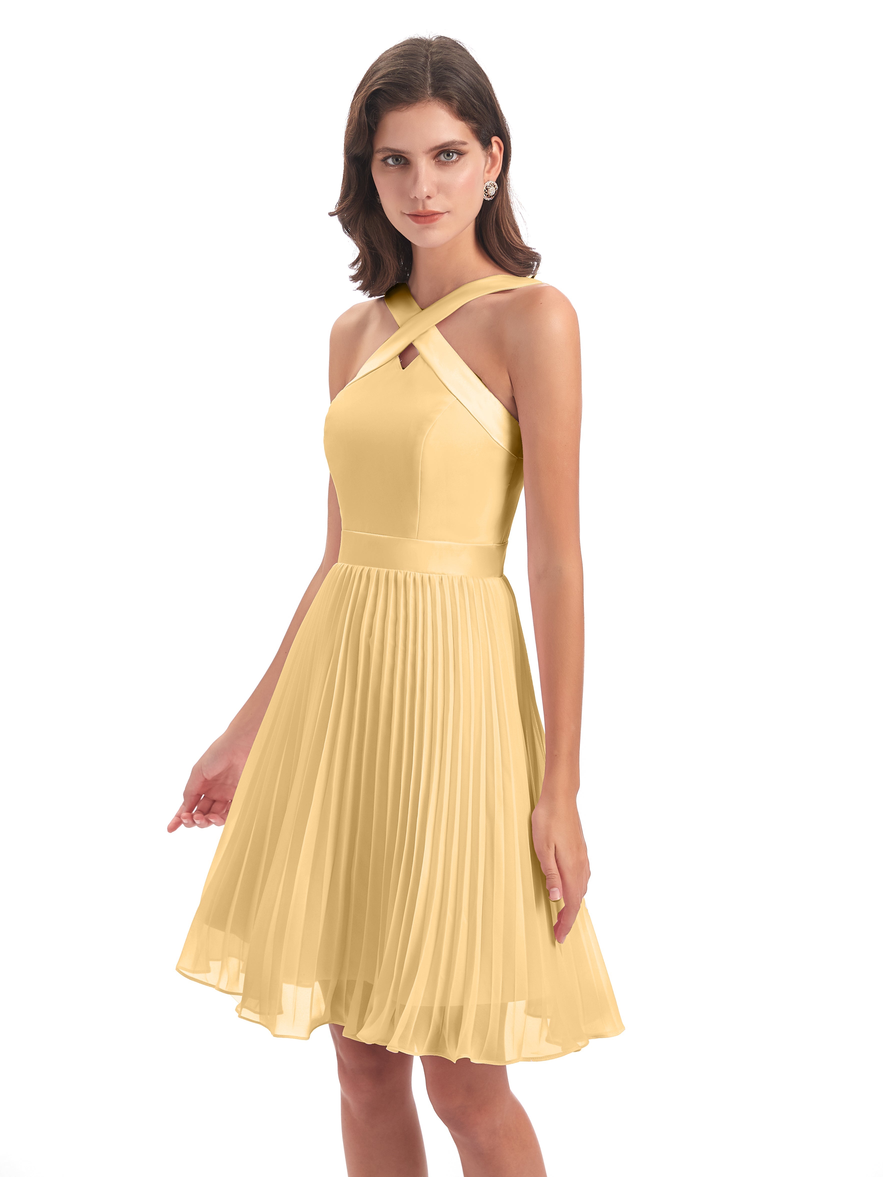 Robe De Demoiselle D'Honneur En Or Longueur Genou Plis Bretelles Robes Demoiselle D'Honneur