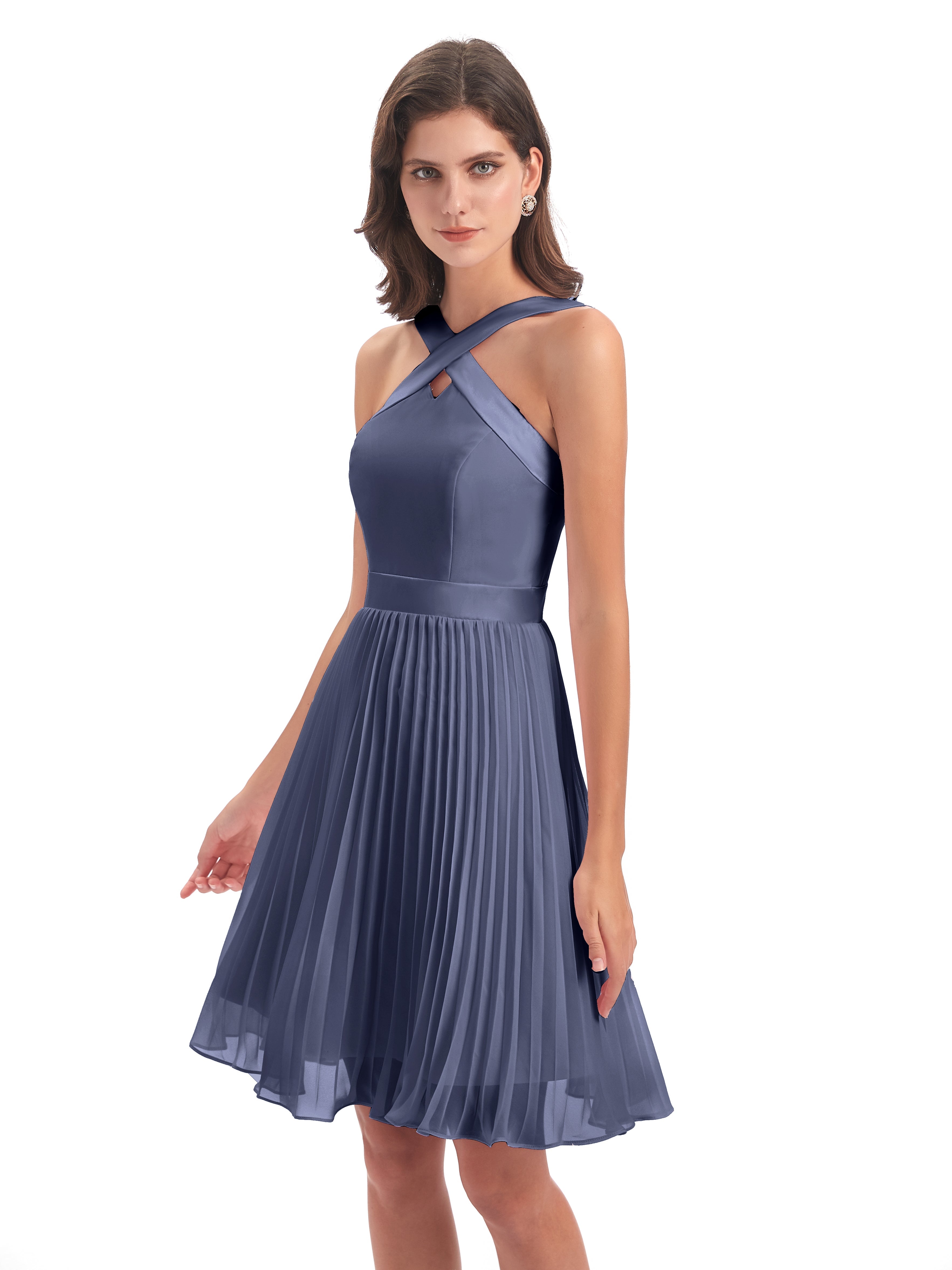 Robes De Demoiselle D'Honneur Bleu Orageux Longueur Genou Plis Bretelles Robes Demoiselle D'Honneur