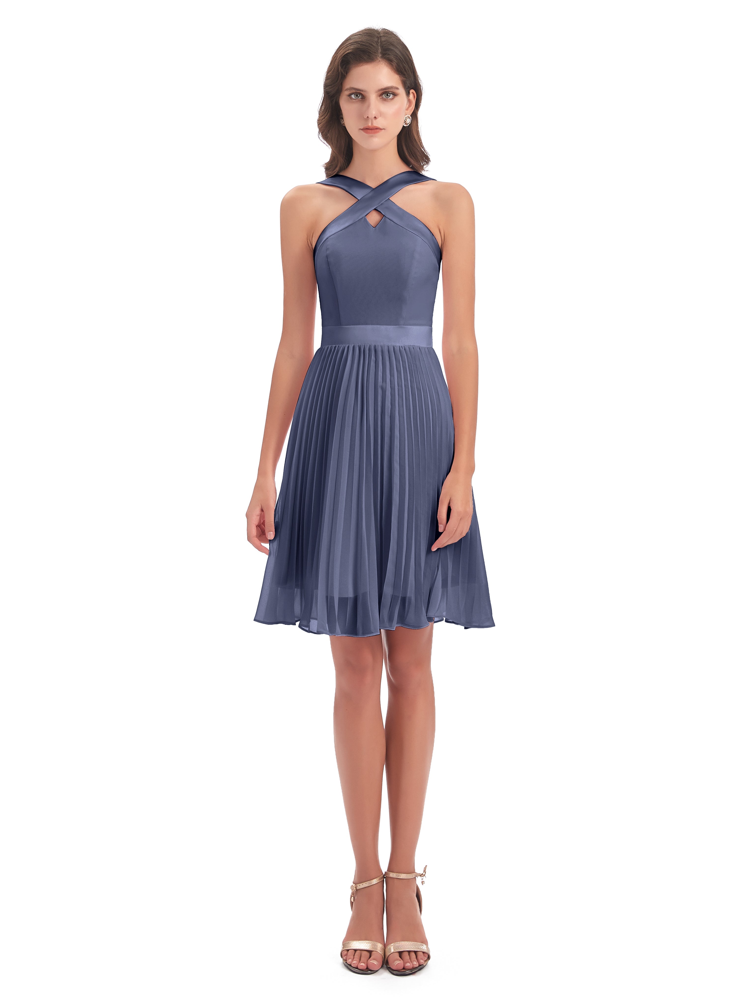 Robes De Demoiselle D'Honneur Bleu Orageux Longueur Genou Plis Bretelles Robes Demoiselle D'Honneur