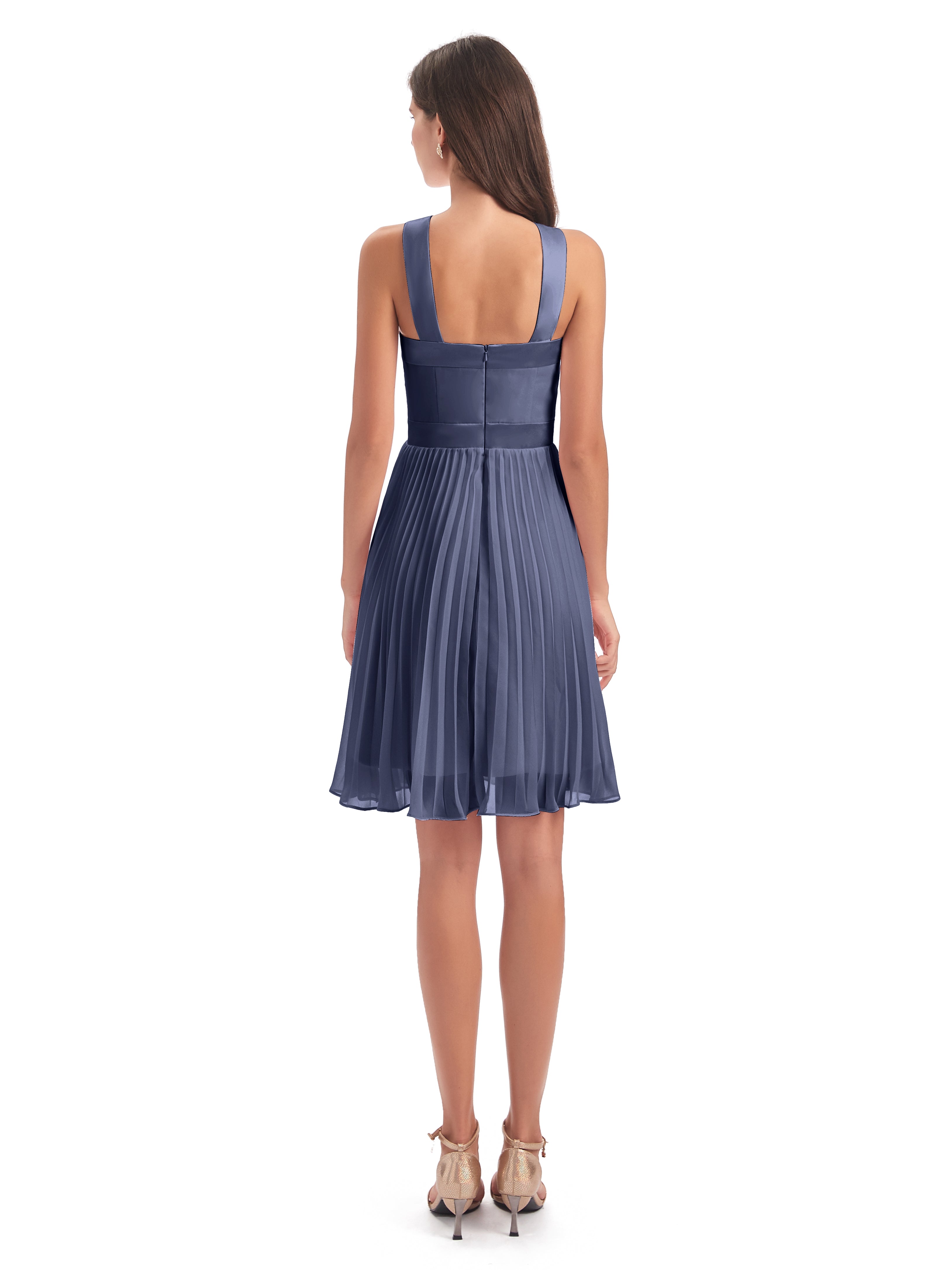 Robes De Demoiselle D'Honneur Bleu Orageux Longueur Genou Plis Bretelles Robes Demoiselle D'Honneur