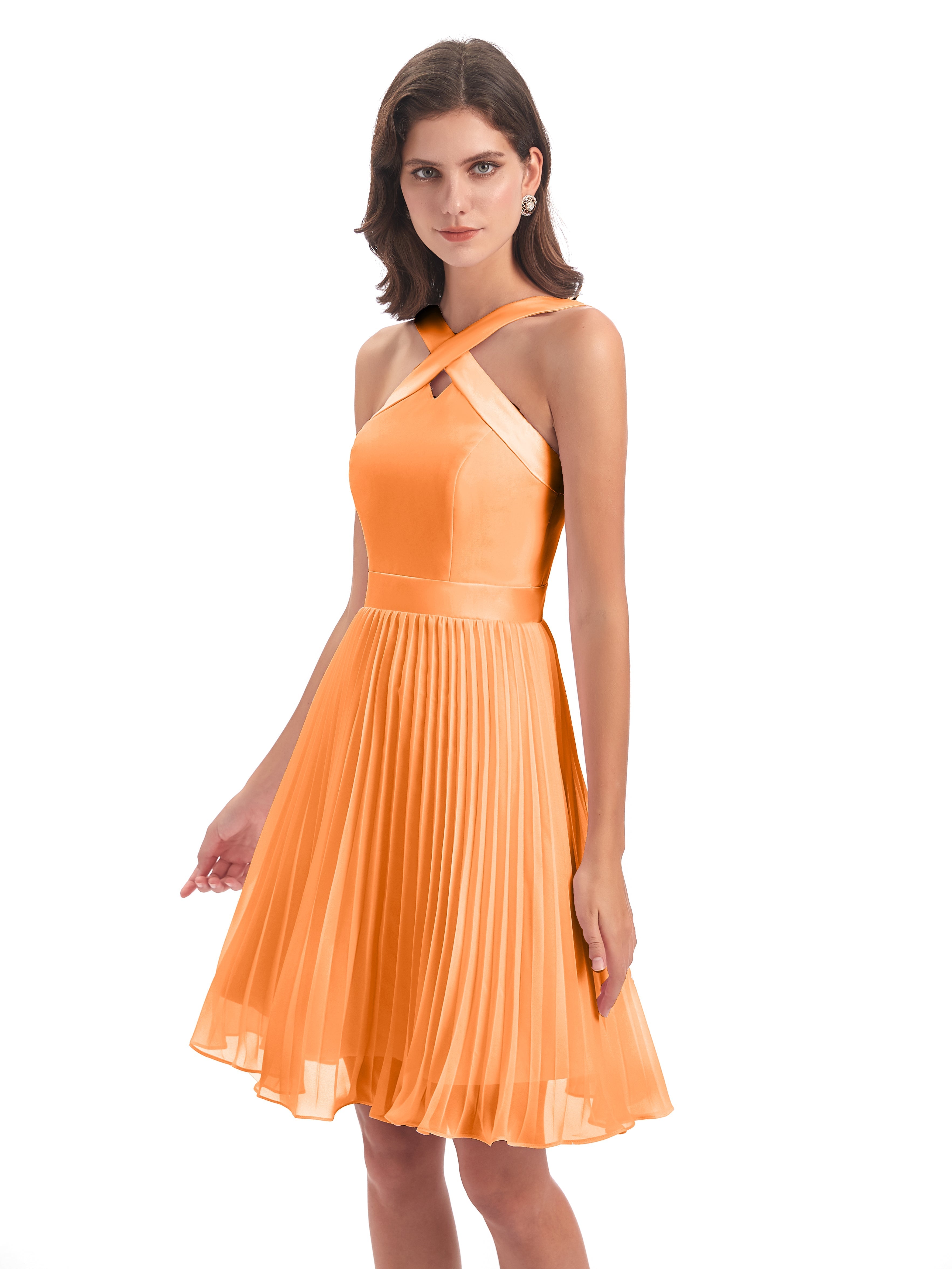 Robe Demoiselle Dhonneur Orange Longueur Genou Plis Bretelles Robes Demoiselle D'Honneur