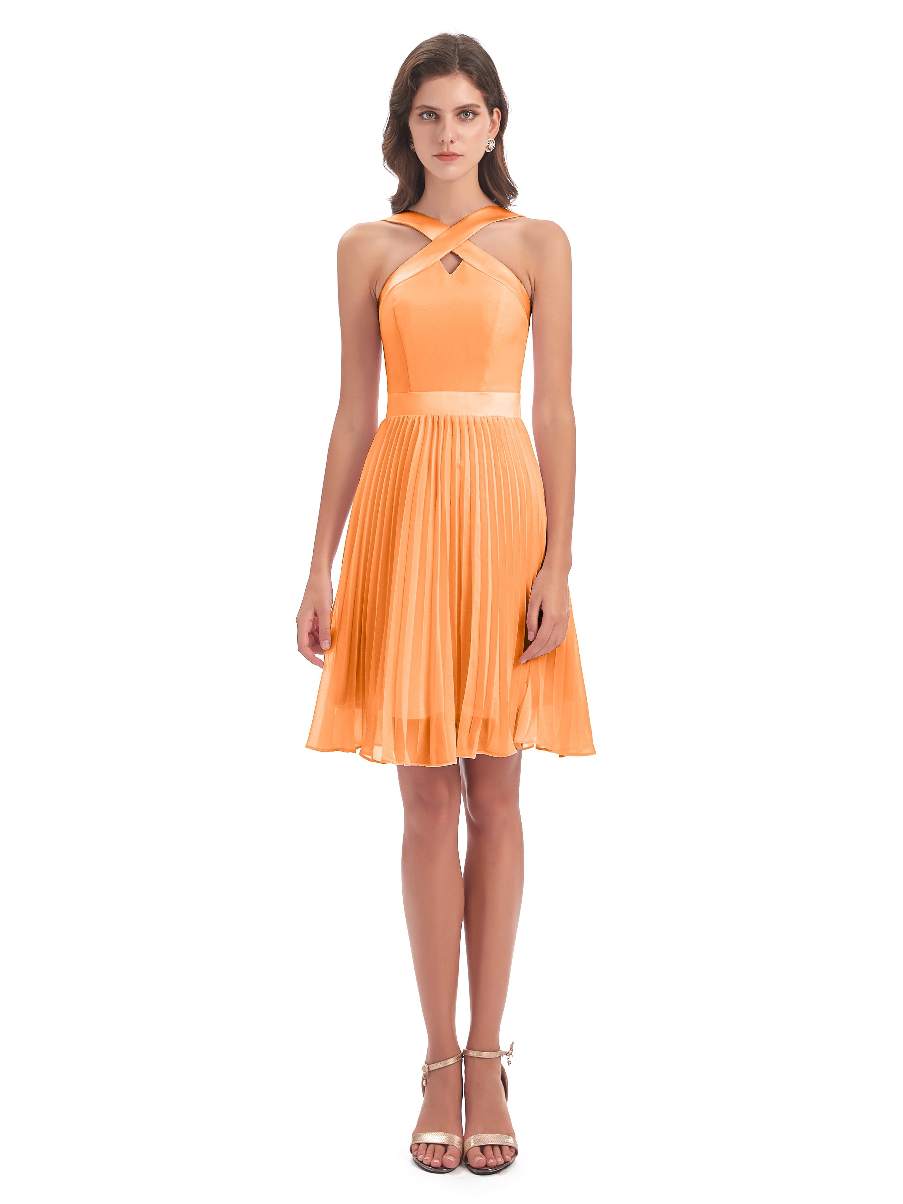Robe Demoiselle Dhonneur Orange Longueur Genou Plis Bretelles Robes Demoiselle D'Honneur