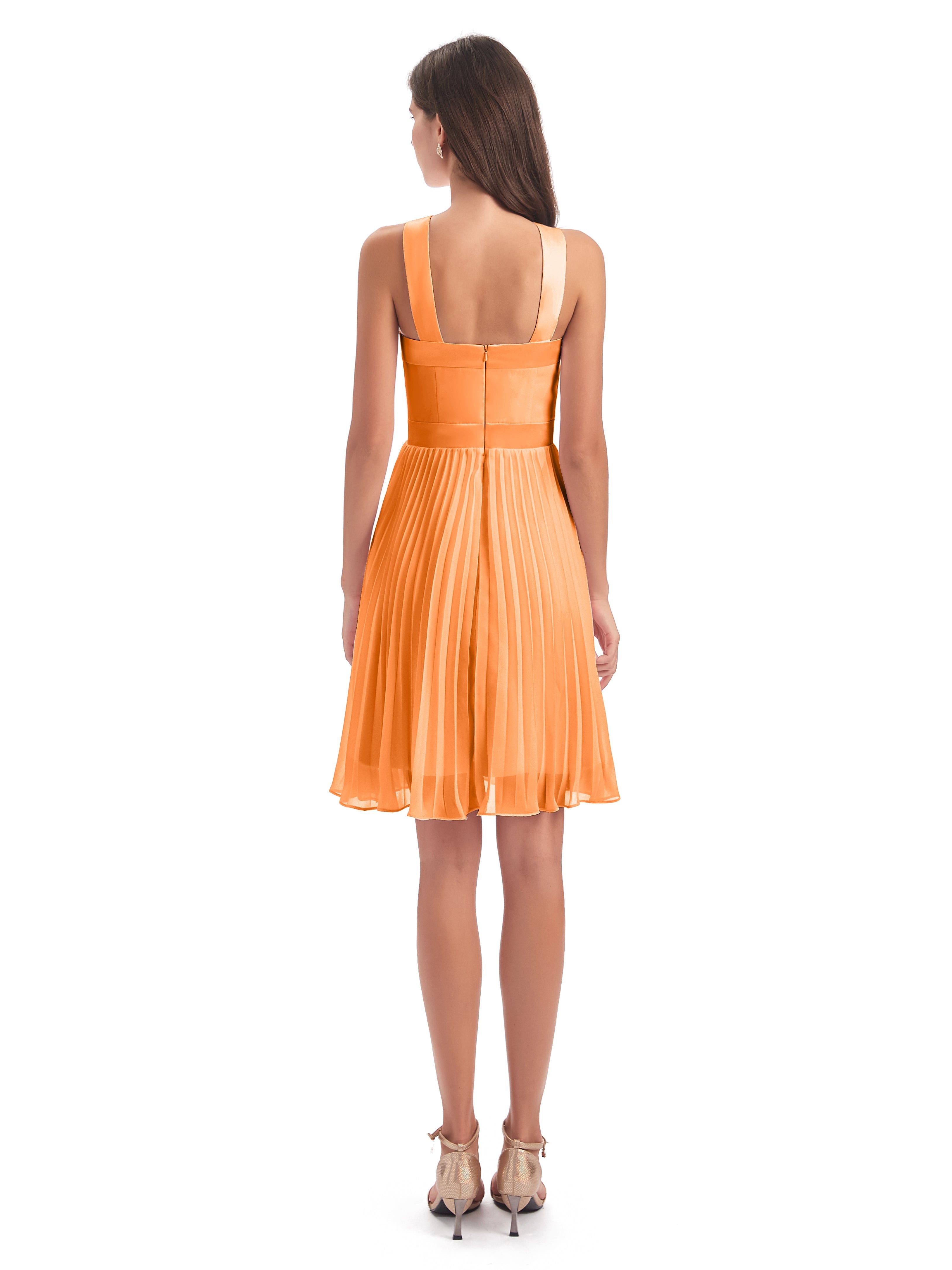 Robe Demoiselle Dhonneur Orange Longueur Genou Plis Bretelles Robes Demoiselle D'Honneur