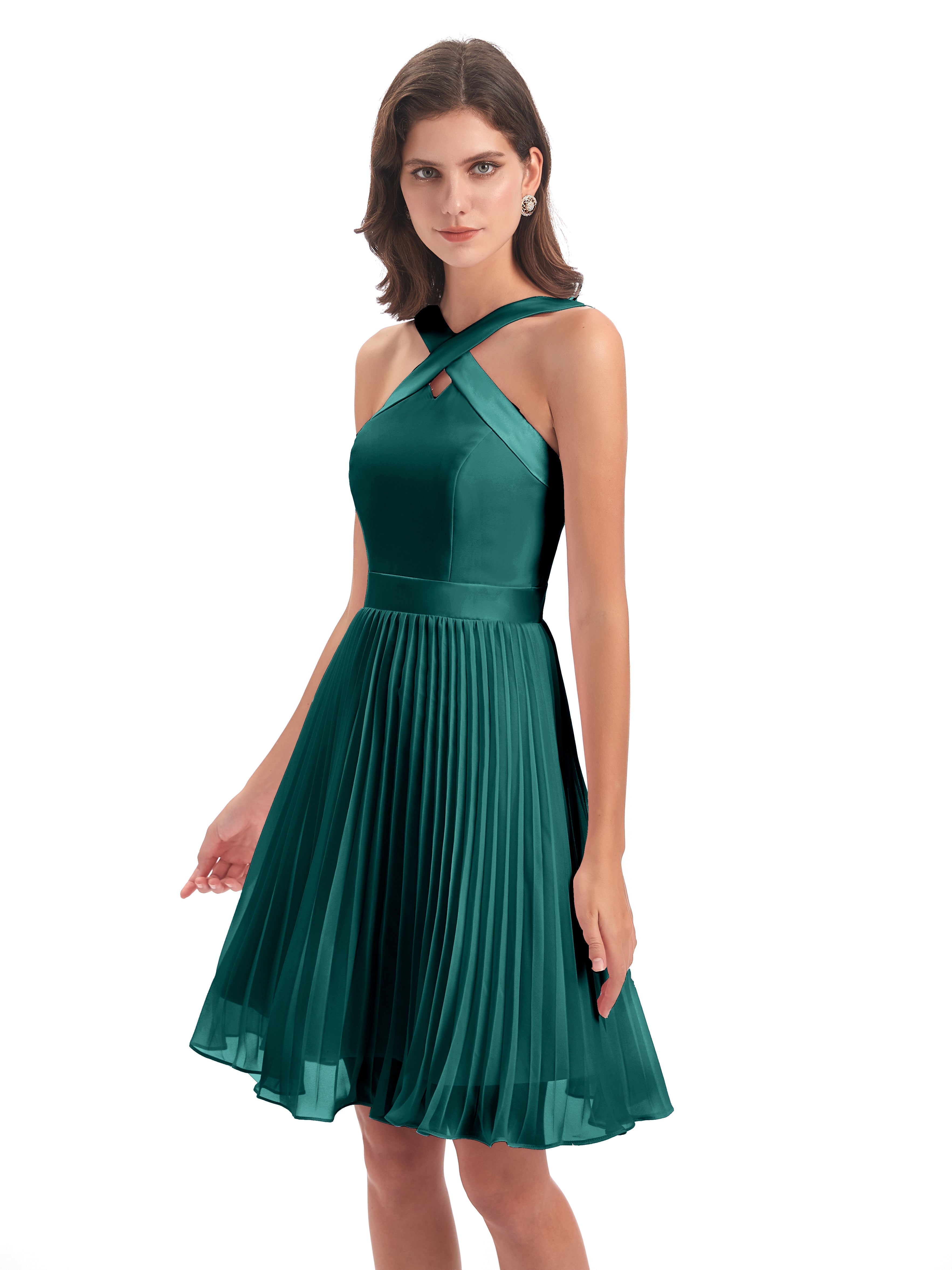 Robe Demoiselle D Honneur Bleu Paon Longueur Genou Plis Bretelles Robes Demoiselle D'Honneur