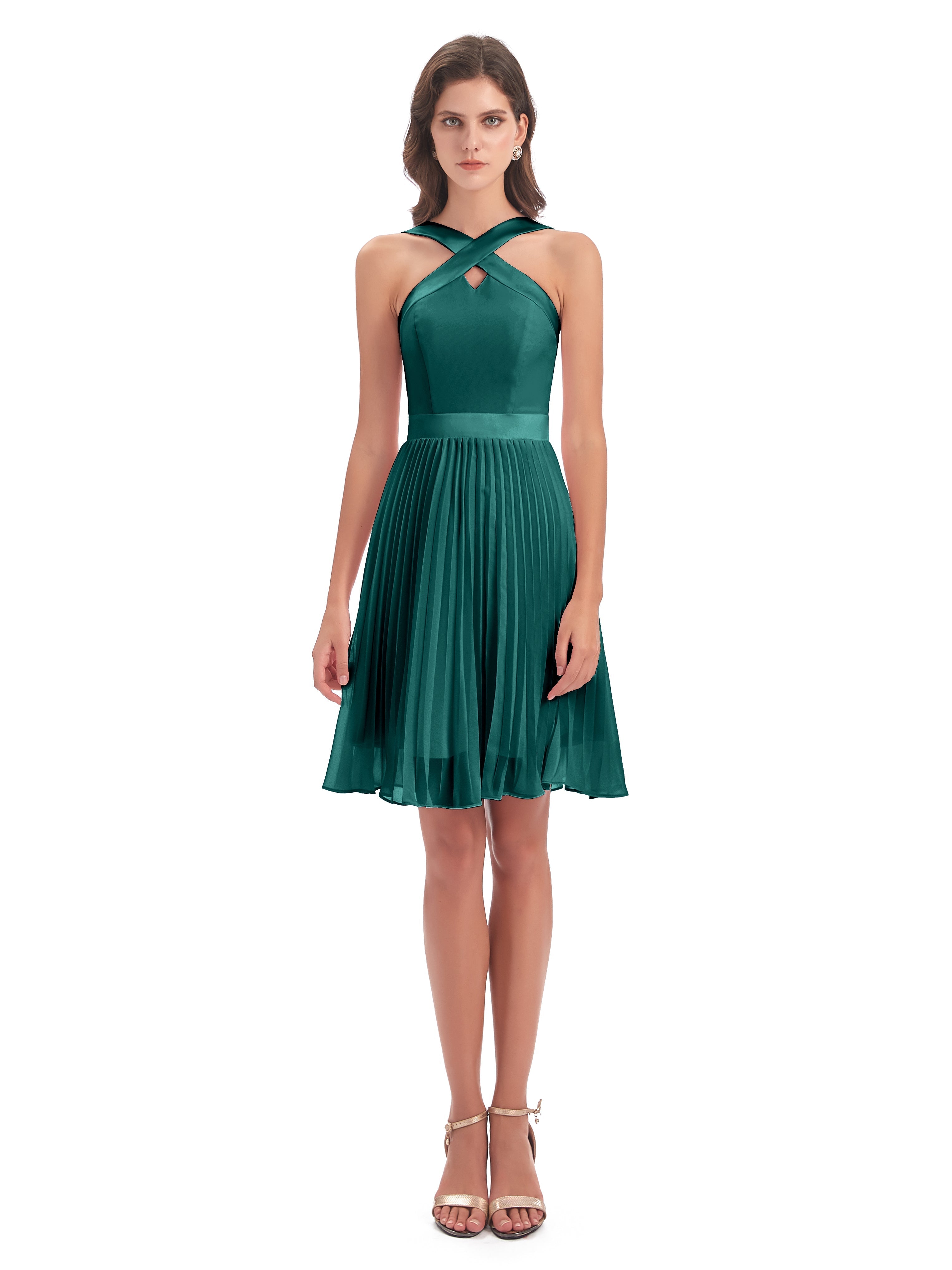 Robe Demoiselle D Honneur Bleu Paon Longueur Genou Plis Bretelles Robes Demoiselle D'Honneur