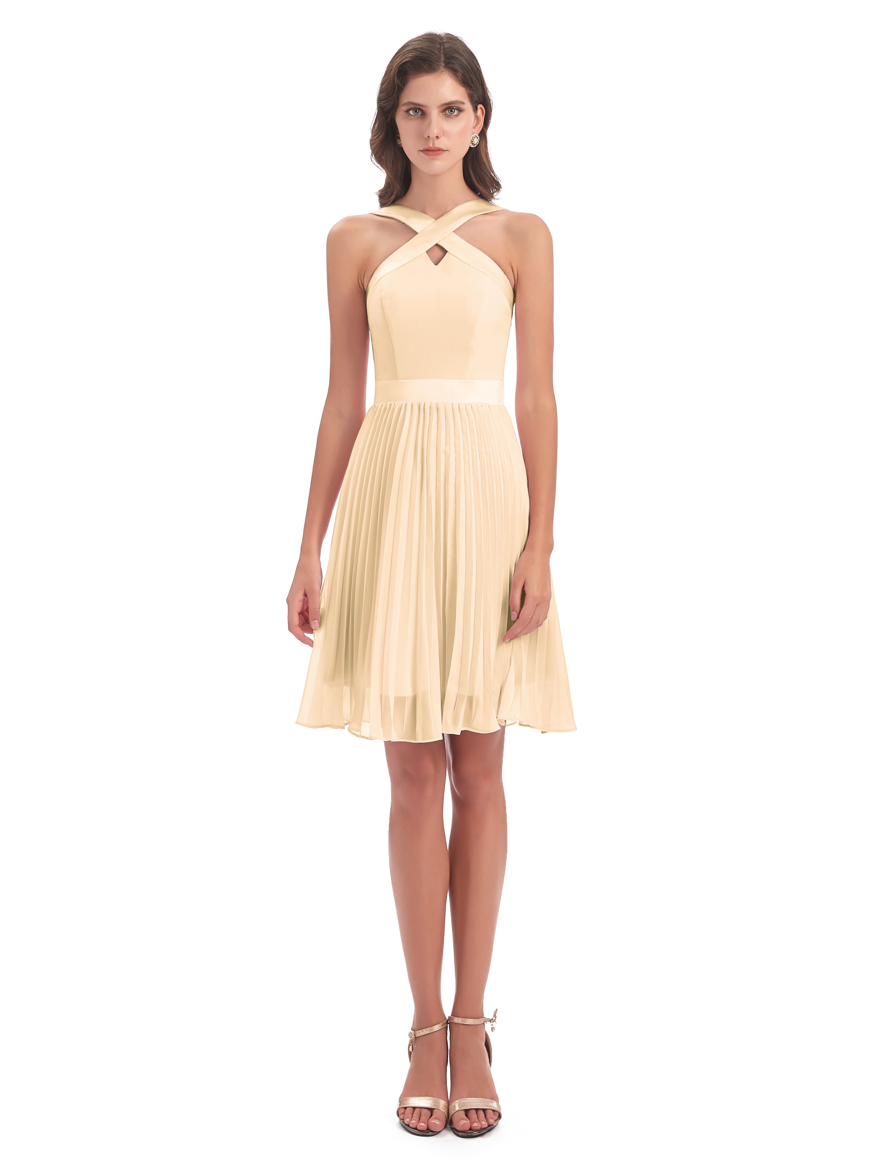Robe Demoiselle D Honneur Couleur Peche Longueur Genou Plis Bretelles Robes Demoiselle D'Honneur