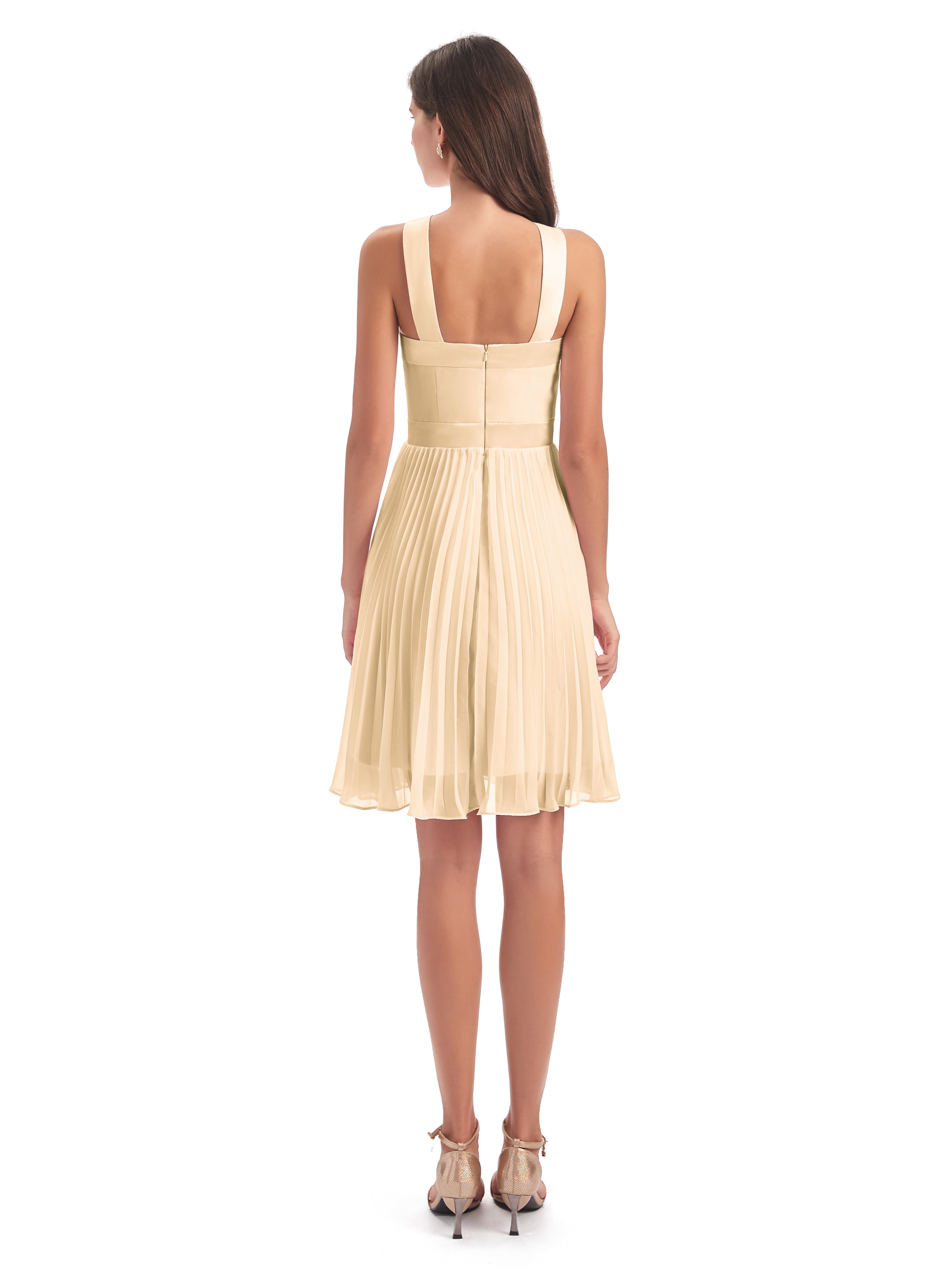 Robe Demoiselle D Honneur Couleur Peche Longueur Genou Plis Bretelles Robes Demoiselle D'Honneur