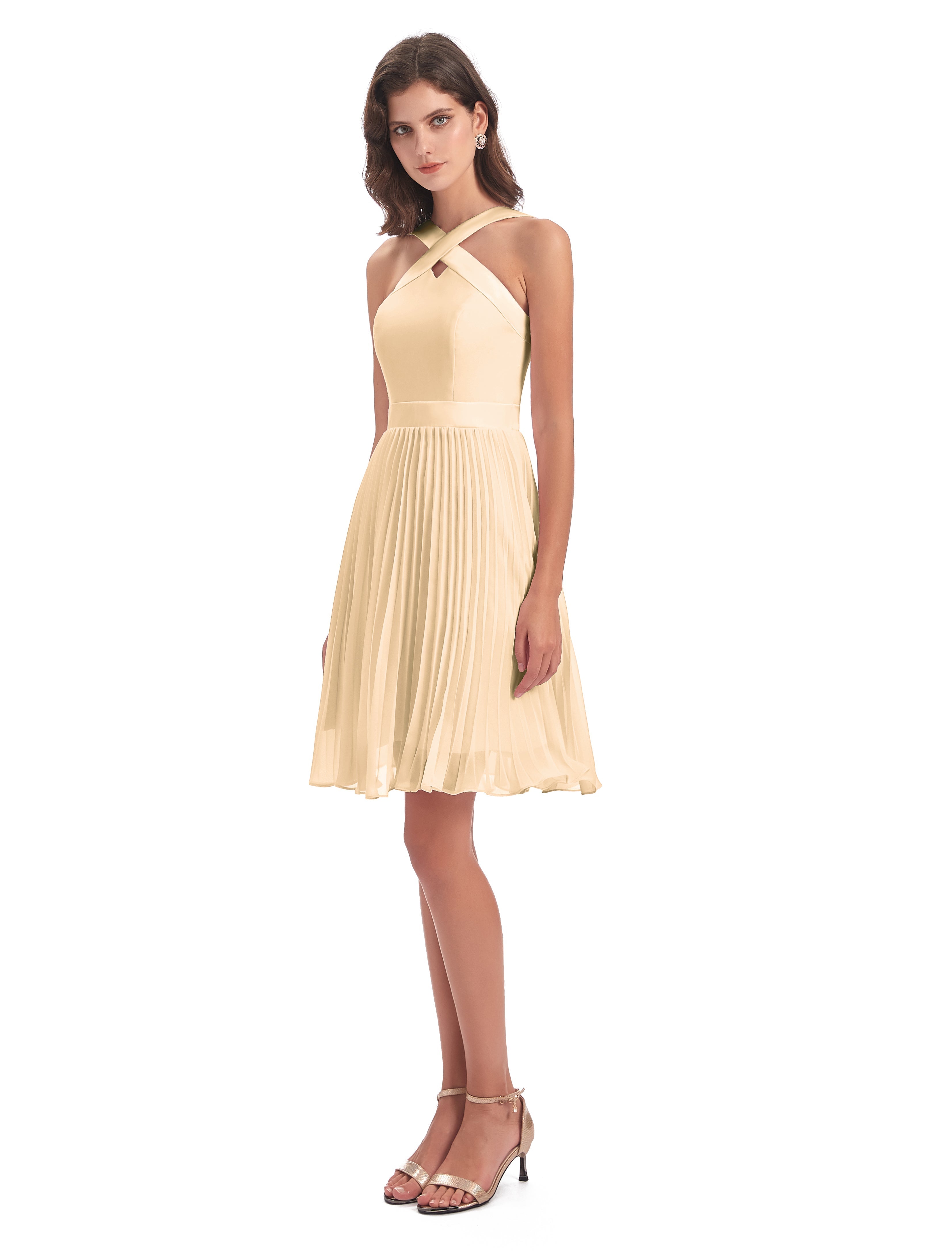 Robe Demoiselle D Honneur Couleur Peche Longueur Genou Plis Bretelles Robes Demoiselle D'Honneur