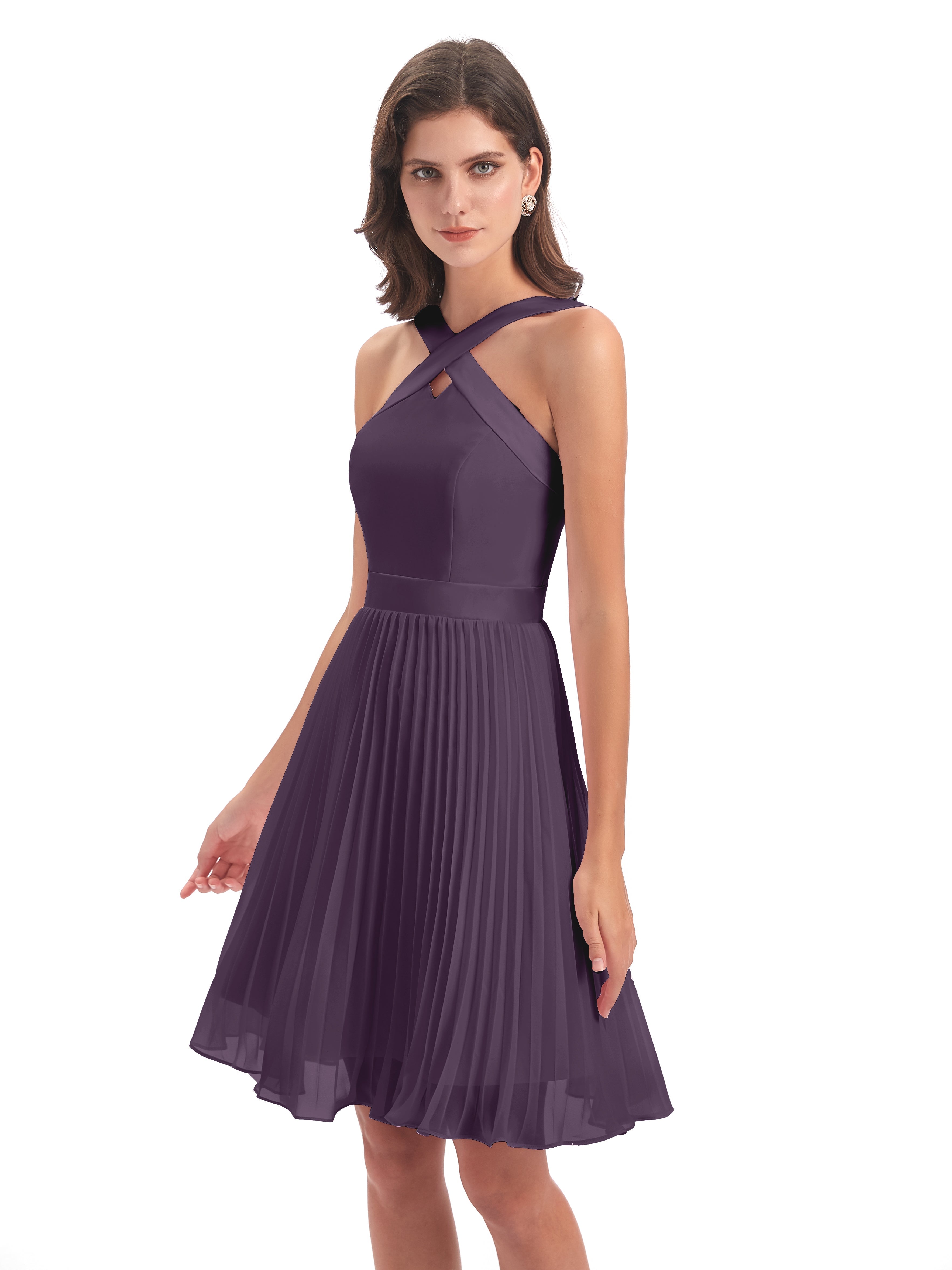 Robe Demoiselle D Honneur Plume Longueur Genou Plis Bretelles Robes Demoiselle D'Honneur