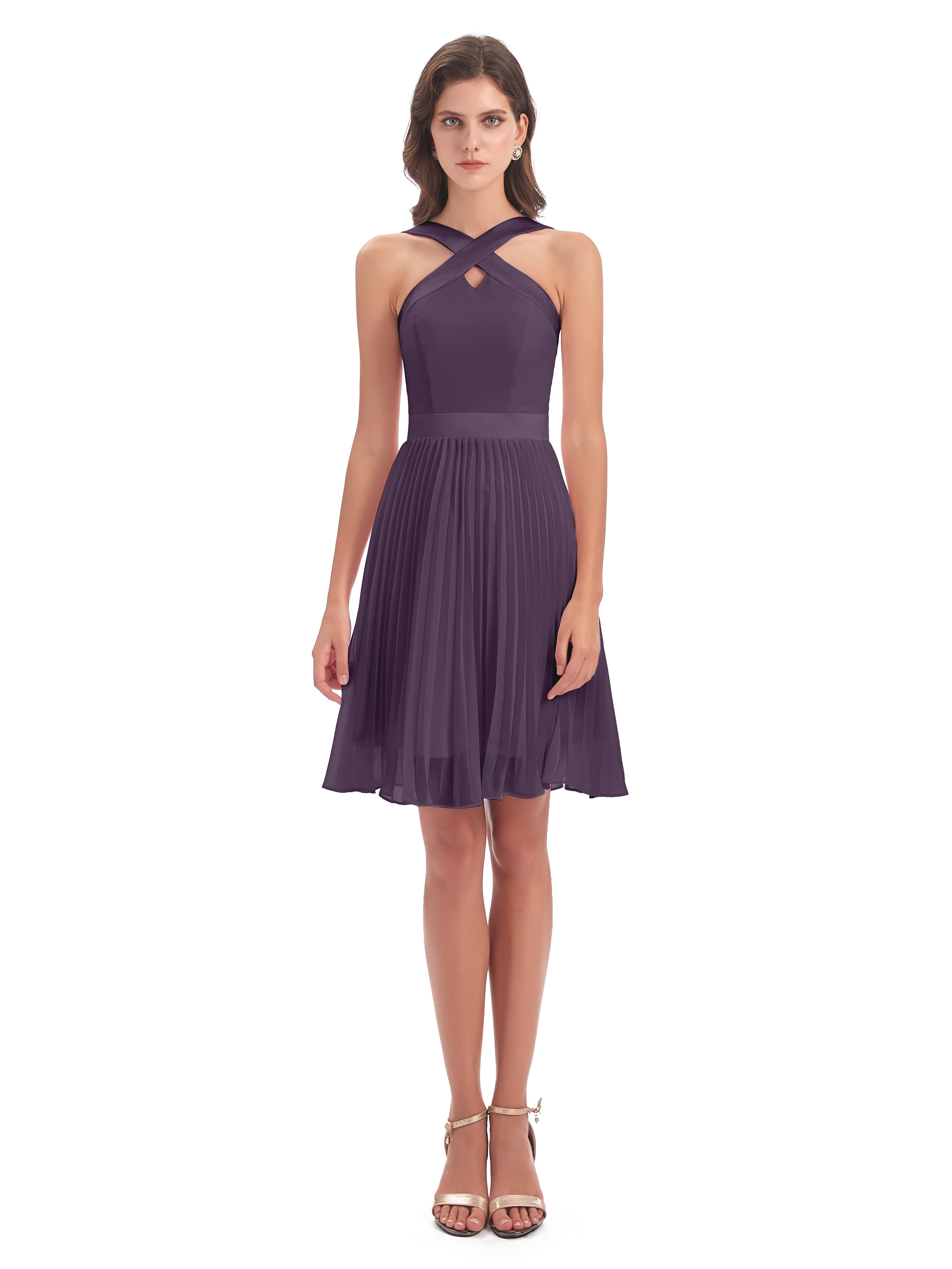 Robe Demoiselle D Honneur Plume Longueur Genou Plis Bretelles Robes Demoiselle D'Honneur
