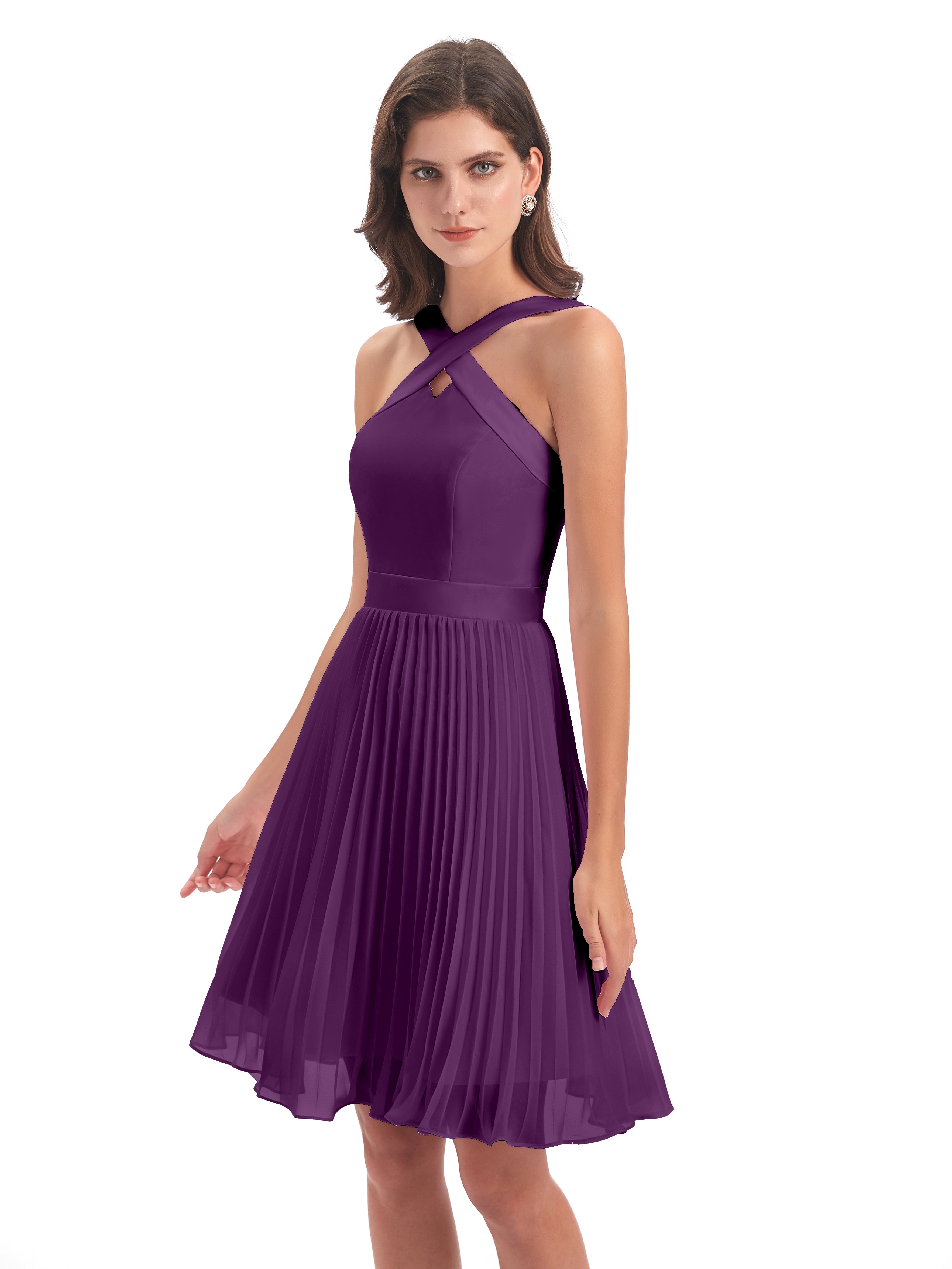 Robes De Demoiselle D'Honneur En Raisin Longueur Genou Plis Bretelles Robes Demoiselle D'Honneur