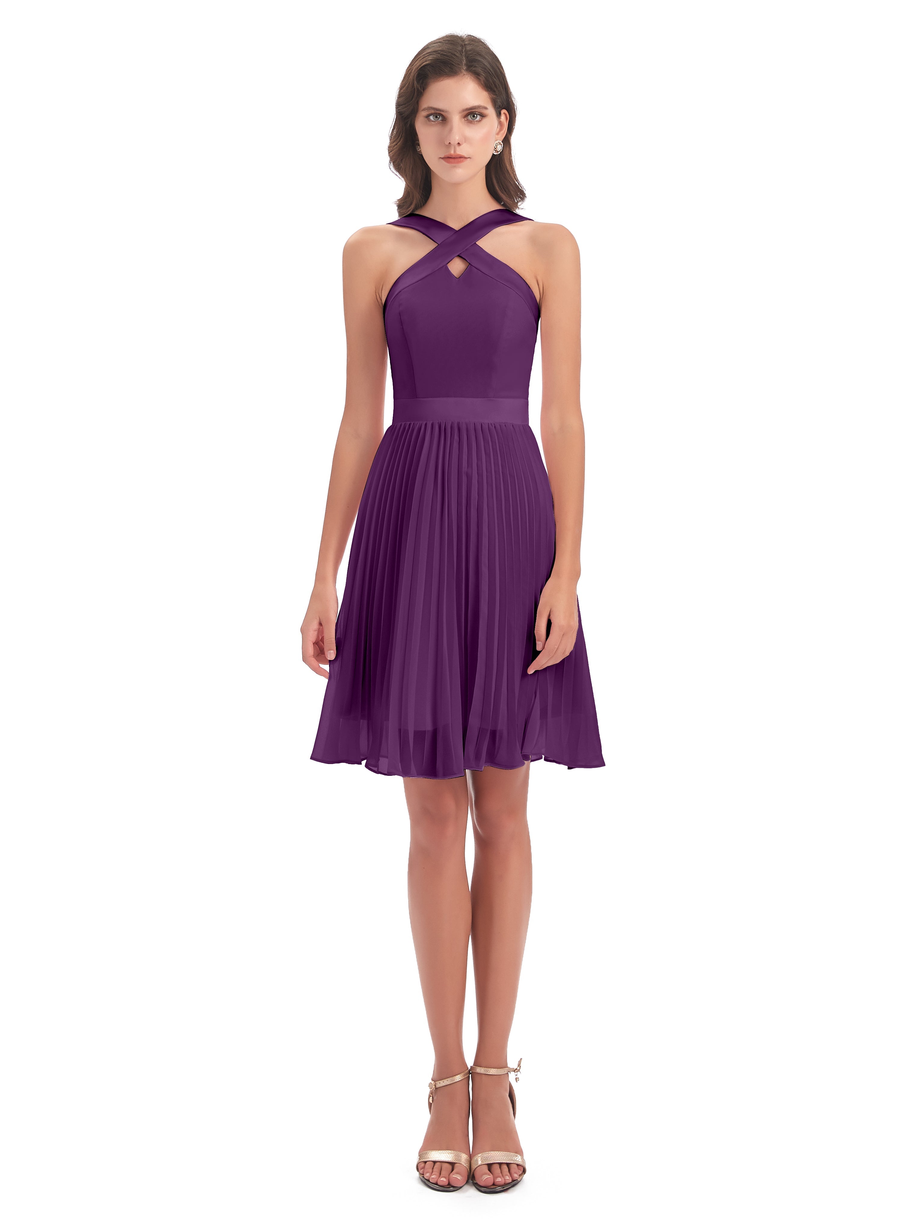 Robes De Demoiselle D'Honneur En Raisin Longueur Genou Plis Bretelles Robes Demoiselle D'Honneur