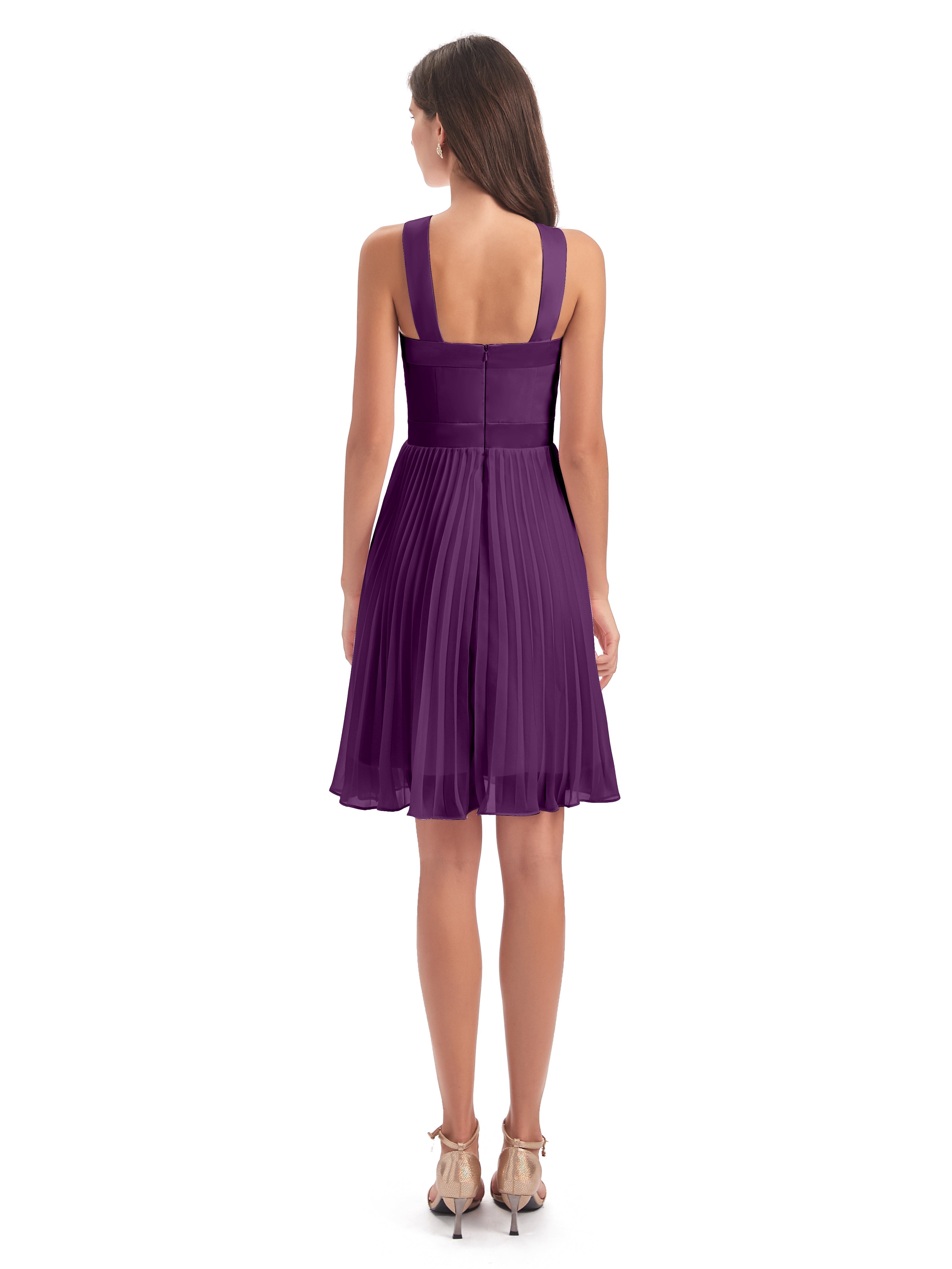 Robes De Demoiselle D'Honneur En Raisin Longueur Genou Plis Bretelles Robes Demoiselle D'Honneur